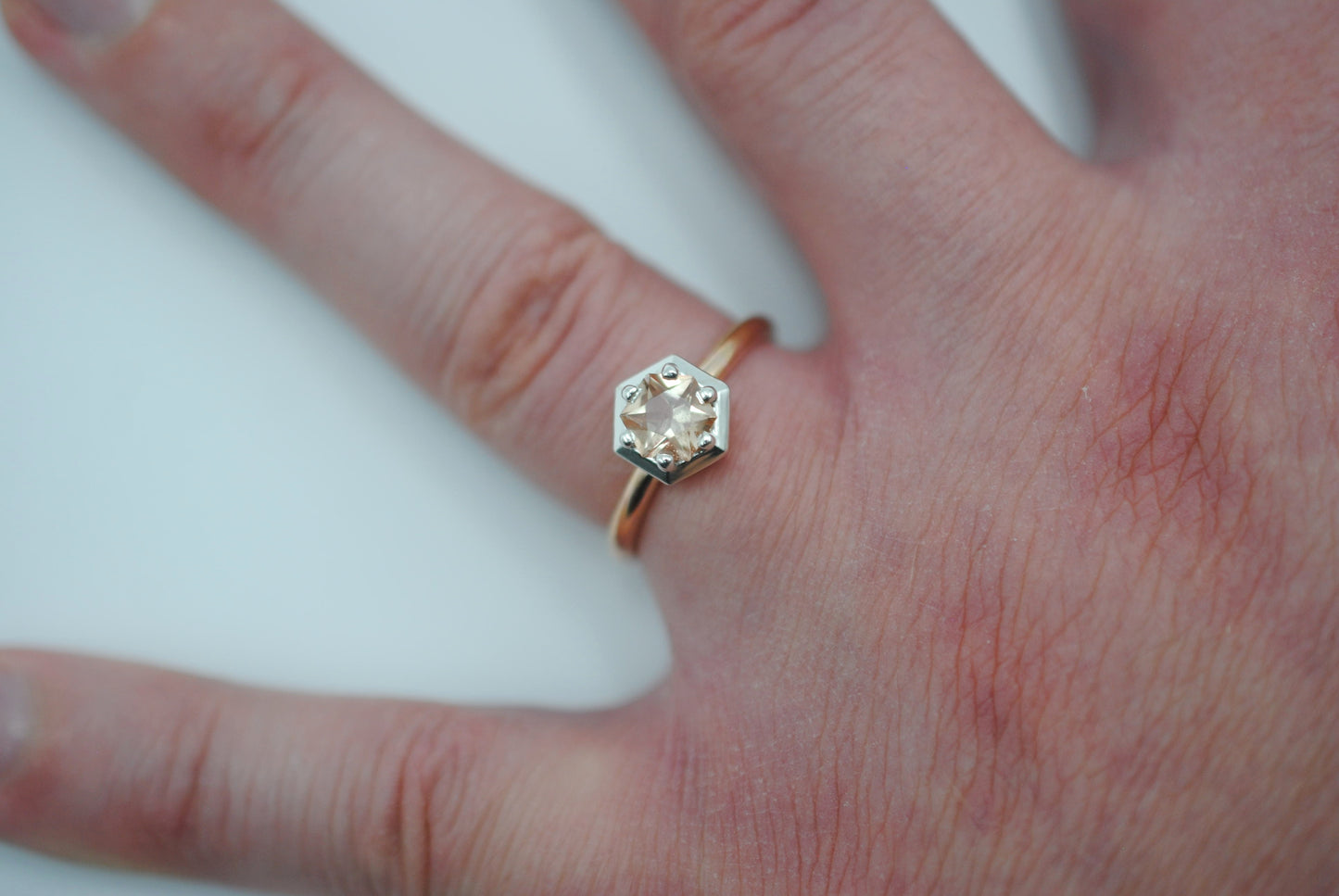 Oregon Sunstone Ring : Hexagon Cut, Rose Gold Fill Band, Silver Prong Setting
