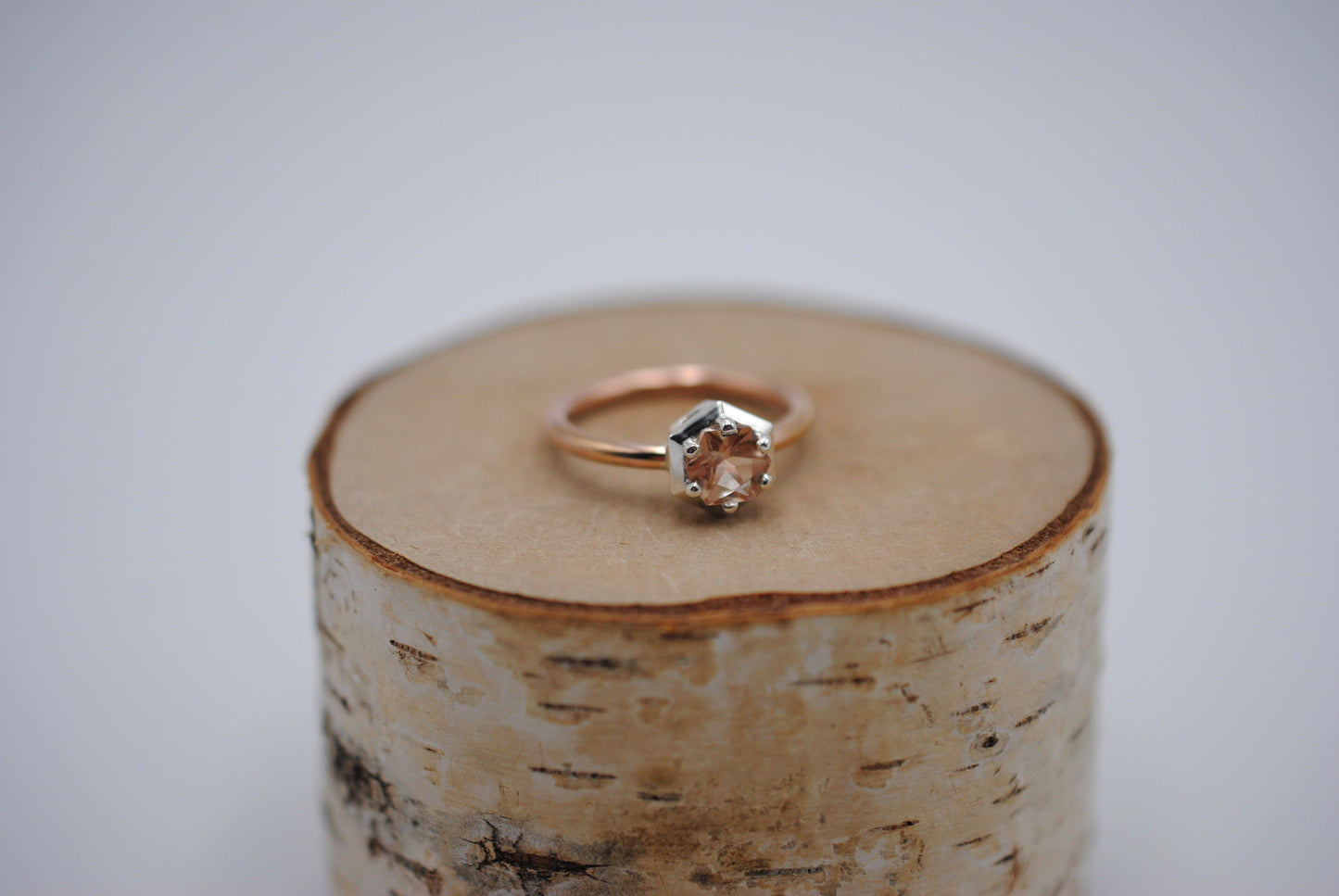 Oregon Sunstone Ring : Hexagon Cut, Rose Gold Fill Band, Silver Prong Setting