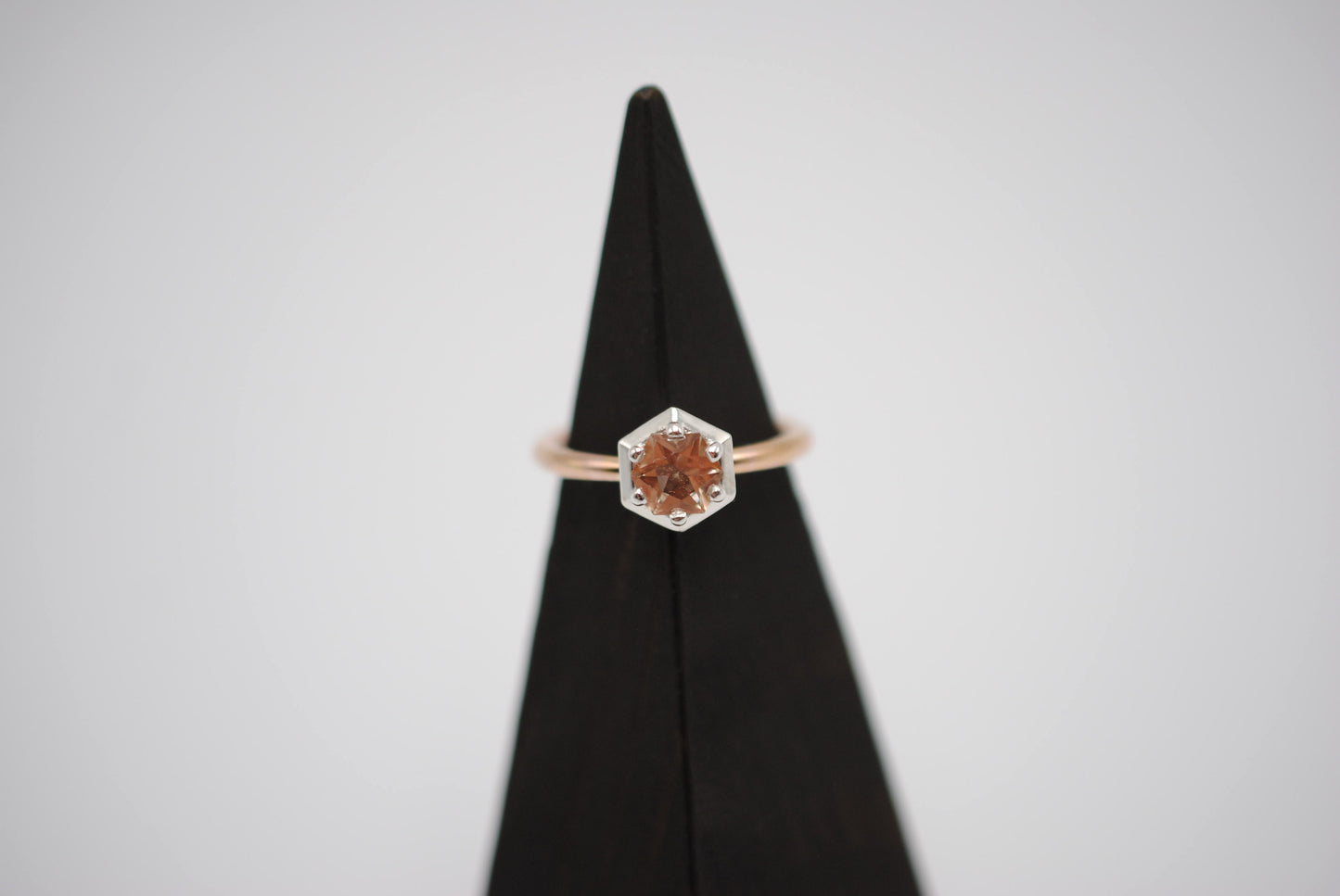 Oregon Sunstone Ring : Hexagon Cut, Rose Gold Fill Band, Silver Prong Setting