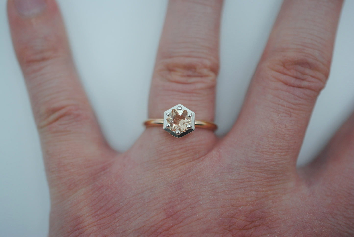 Oregon Sunstone Ring : Hexagon Cut, Rose Gold Fill Band, Silver Prong Setting