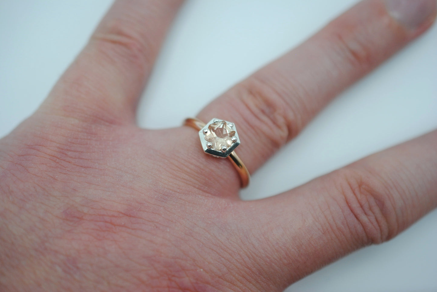 Oregon Sunstone Ring : Hexagon Cut, Rose Gold Fill Band, Silver Prong Setting