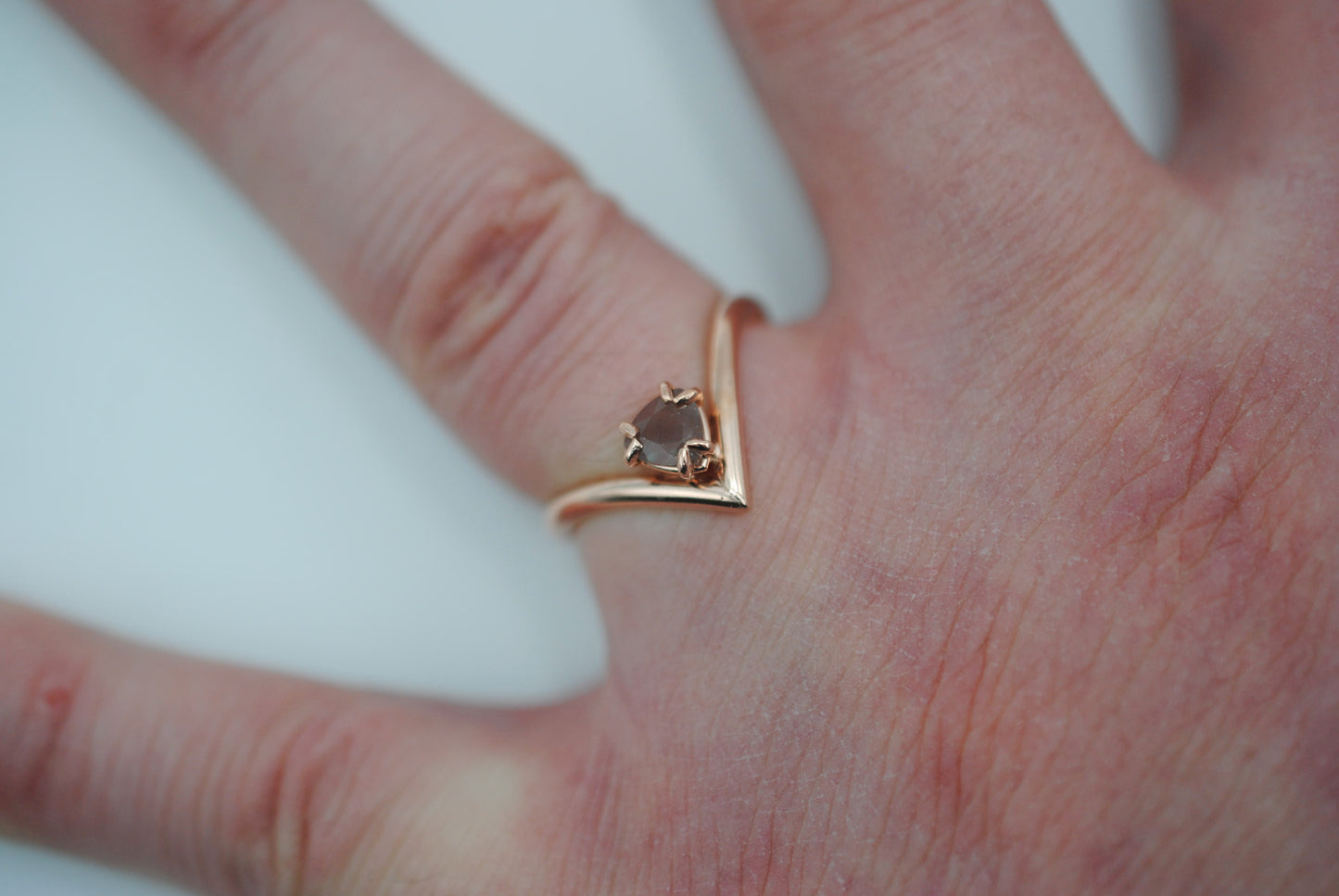 Oregon Sunstone Ring: Trillion Cut, Chevron, Rose Gold Fill