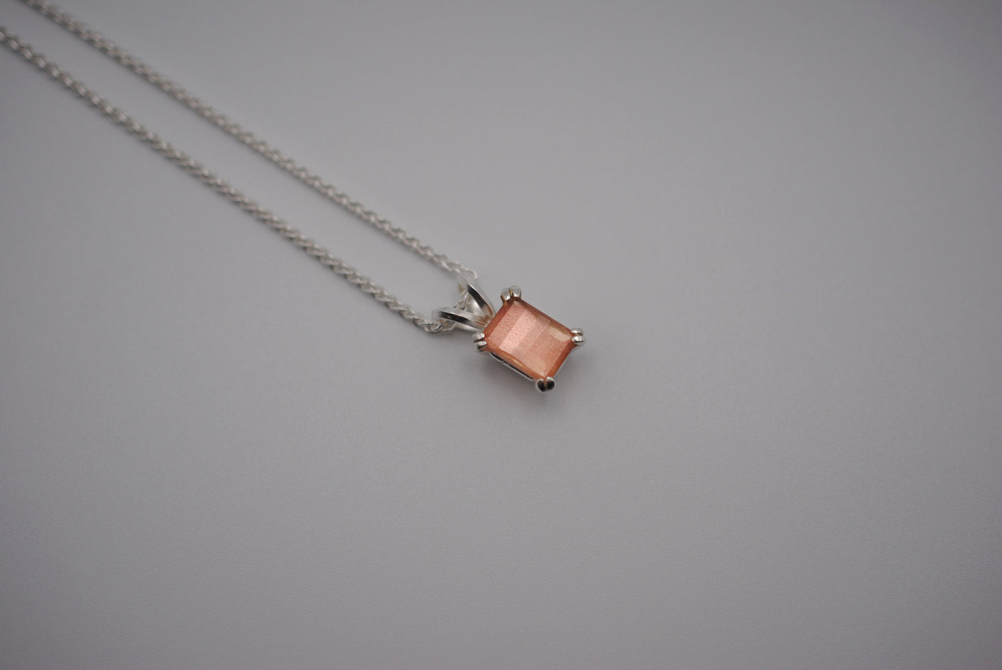 Oregon Sunstone Necklace: Barrel Cut, Silver Double Prong Setting, Adjustable Wheat Chain 1