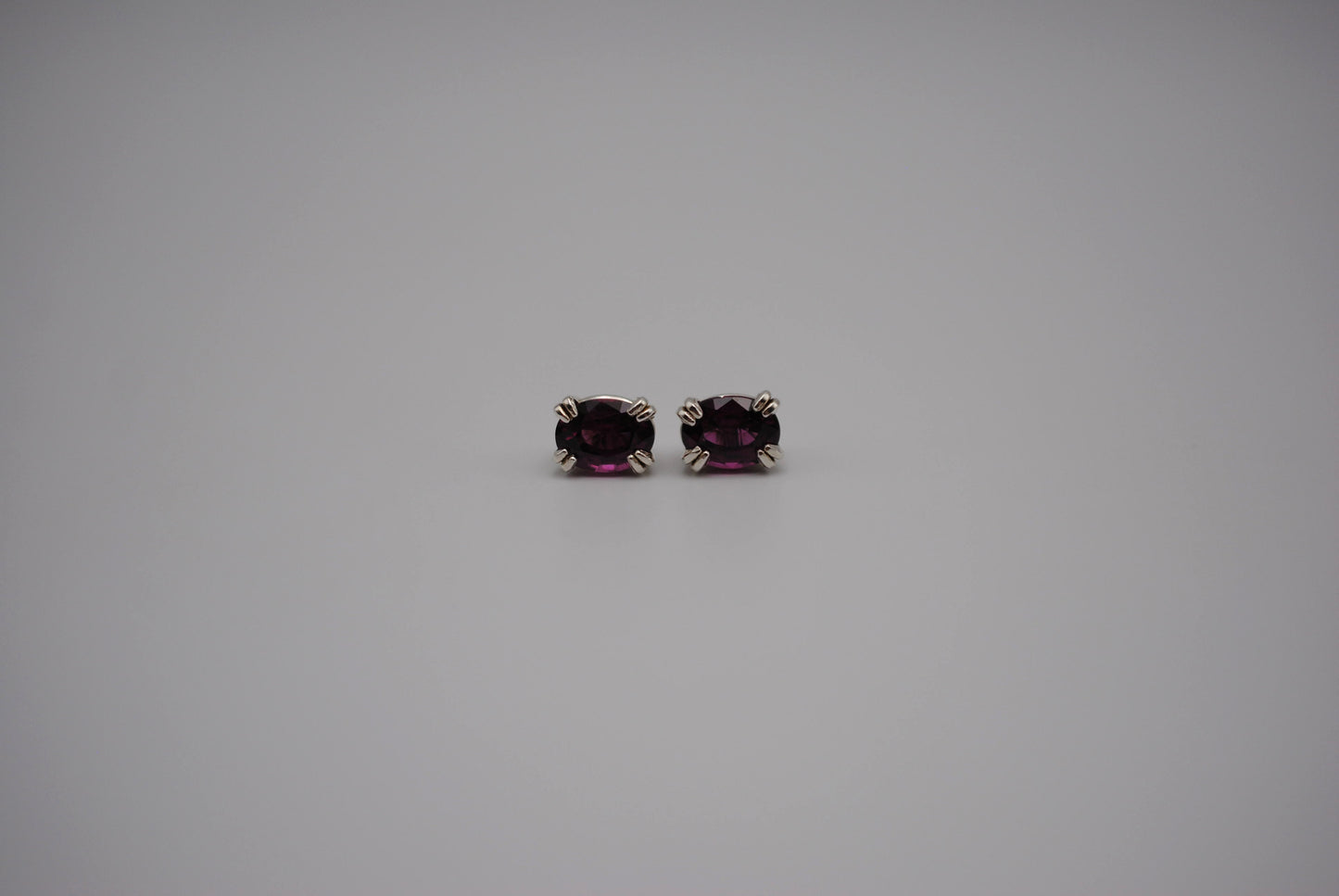 Garnet Post Earrings: Oval Cut, Rhodolite, Silver, Double Prong Setting