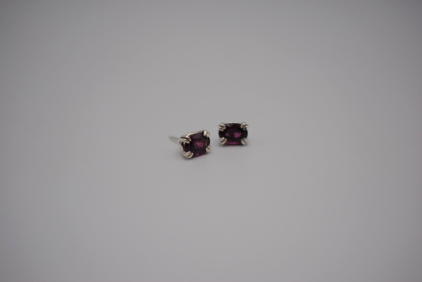 Garnet Post Earrings: Oval Cut, Rhodolite, Silver, Double Prong Setting