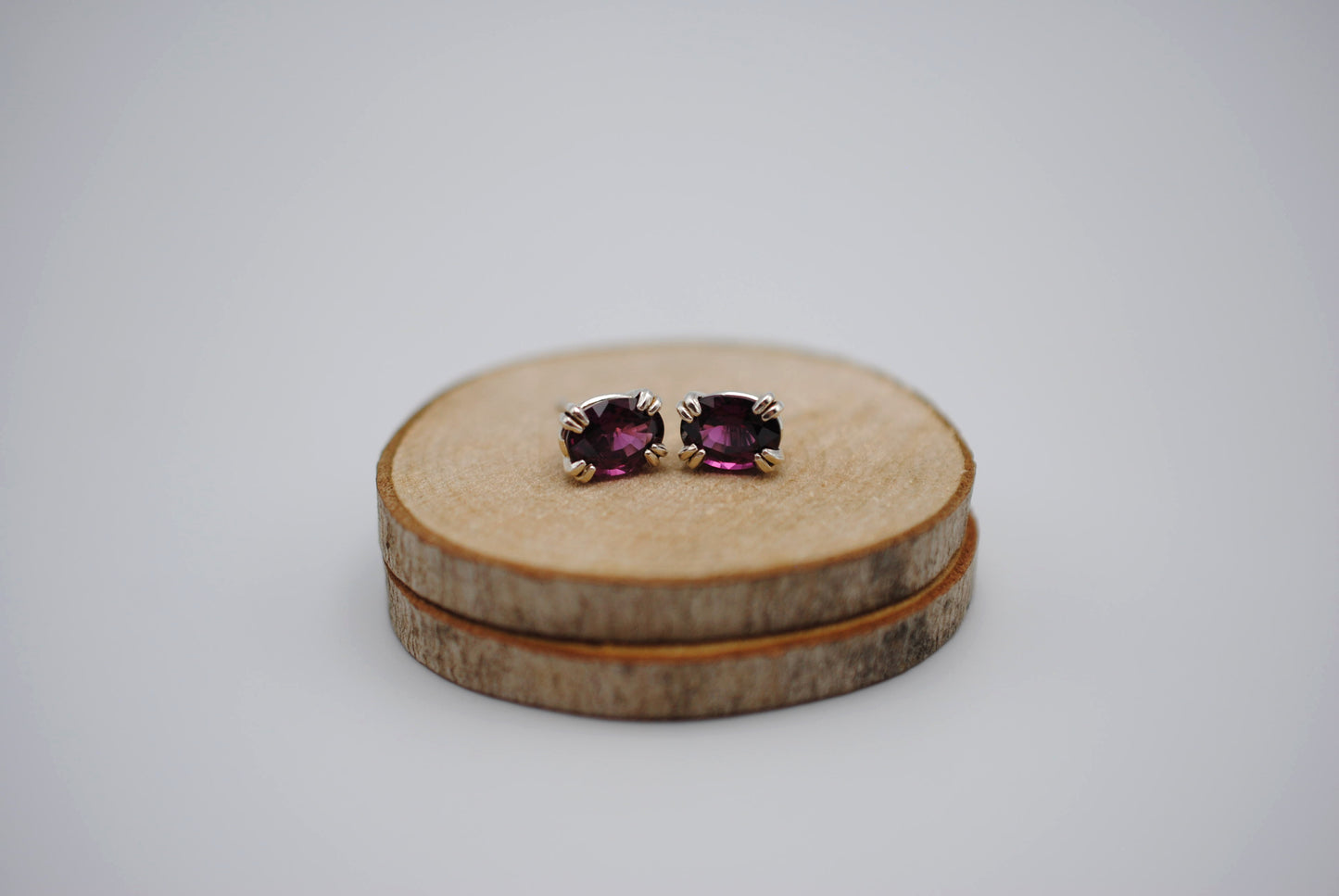 Garnet Post Earrings: Oval Cut, Rhodolite, Silver, Double Prong Setting
