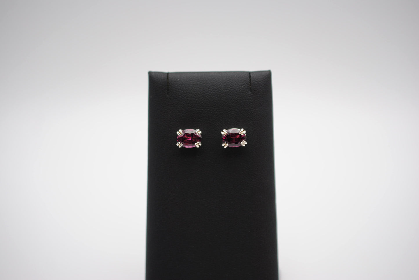 Garnet Post Earrings: Oval Cut, Rhodolite, Silver, Double Prong Setting