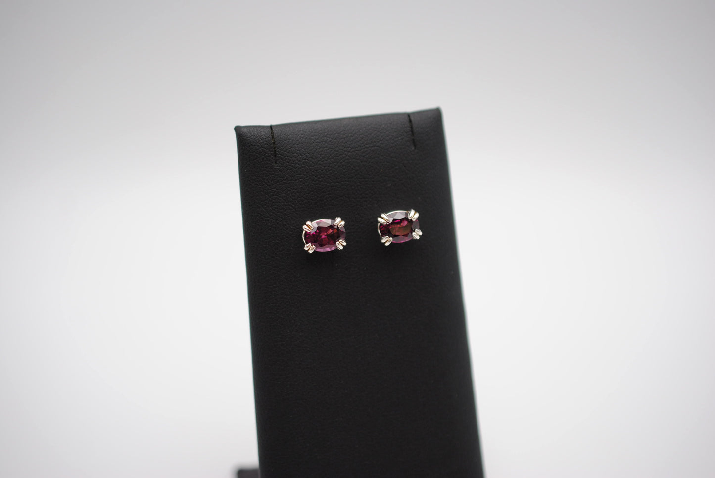 Garnet Post Earrings: Oval Cut, Rhodolite, Silver, Double Prong Setting