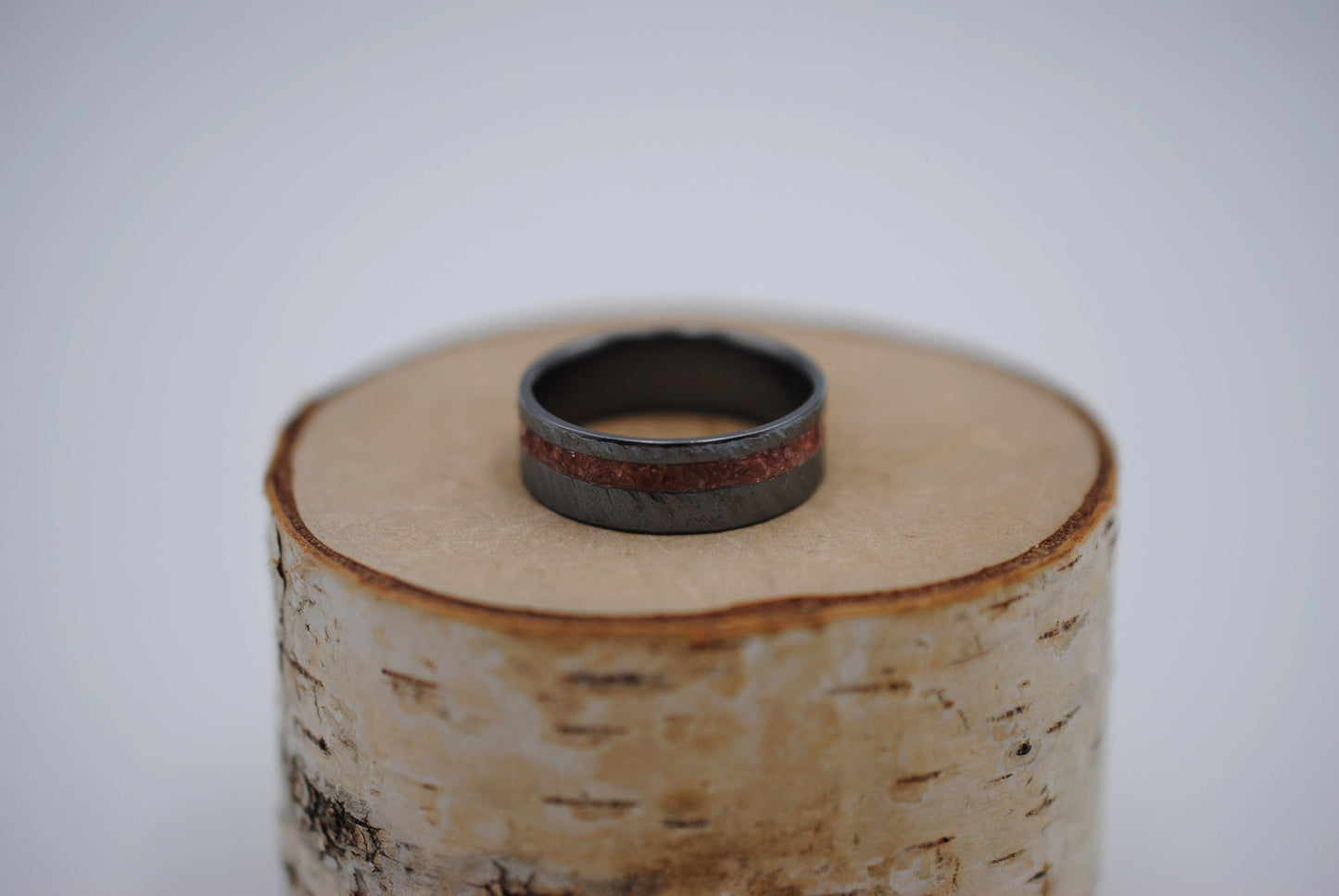 Ring Band: Garnet Resin Inlay, Bark Texture, Blackened Silver