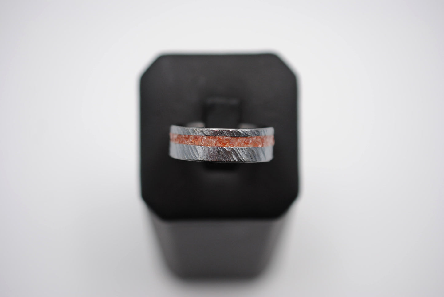 Ring Band: Garnet Resin Inlay, Bark Texture, Blackened Silver