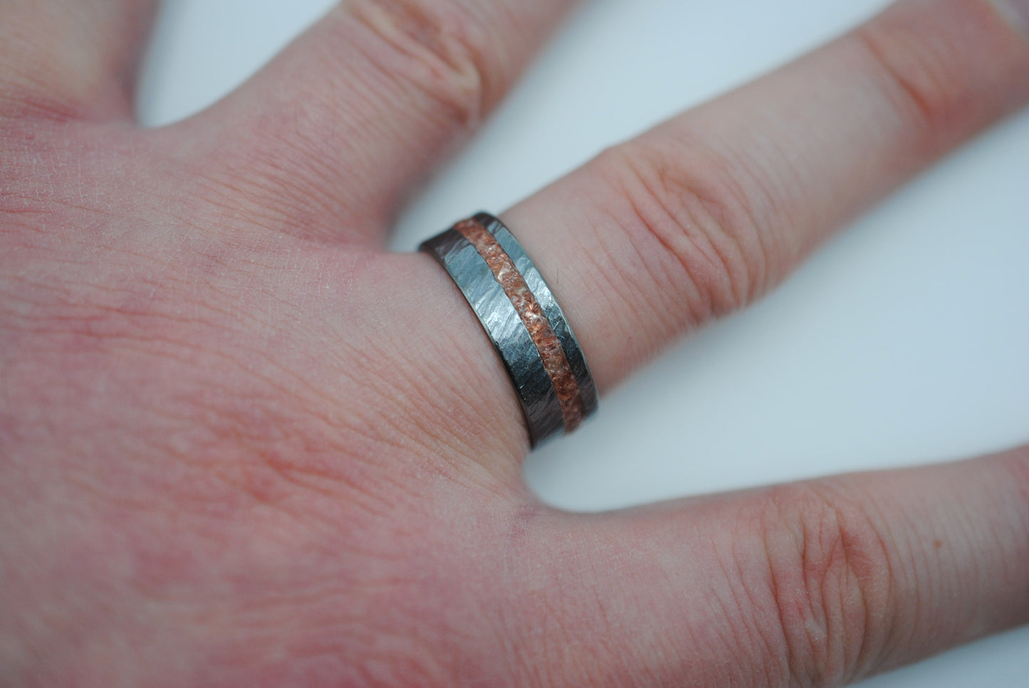 Ring Band: Garnet Resin Inlay, Bark Texture, Blackened Silver