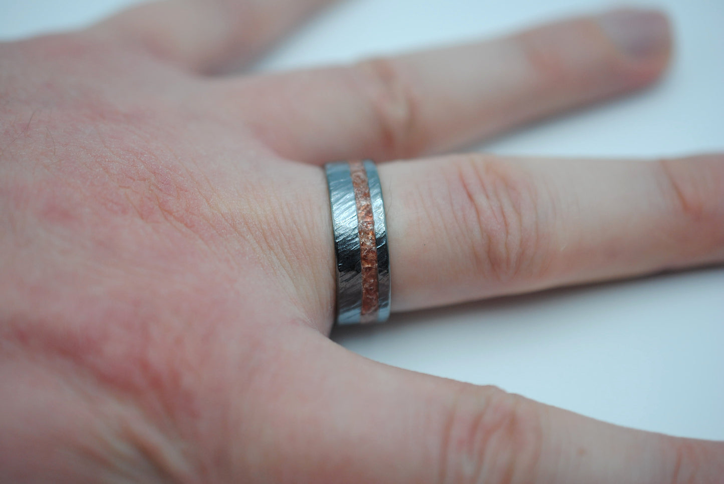Ring Band: Garnet Resin Inlay, Bark Texture, Blackened Silver