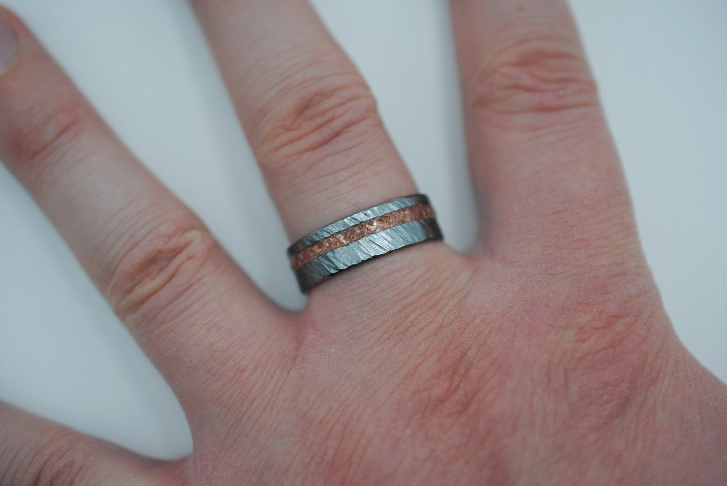 Ring Band: Garnet Resin Inlay, Bark Texture, Blackened Silver