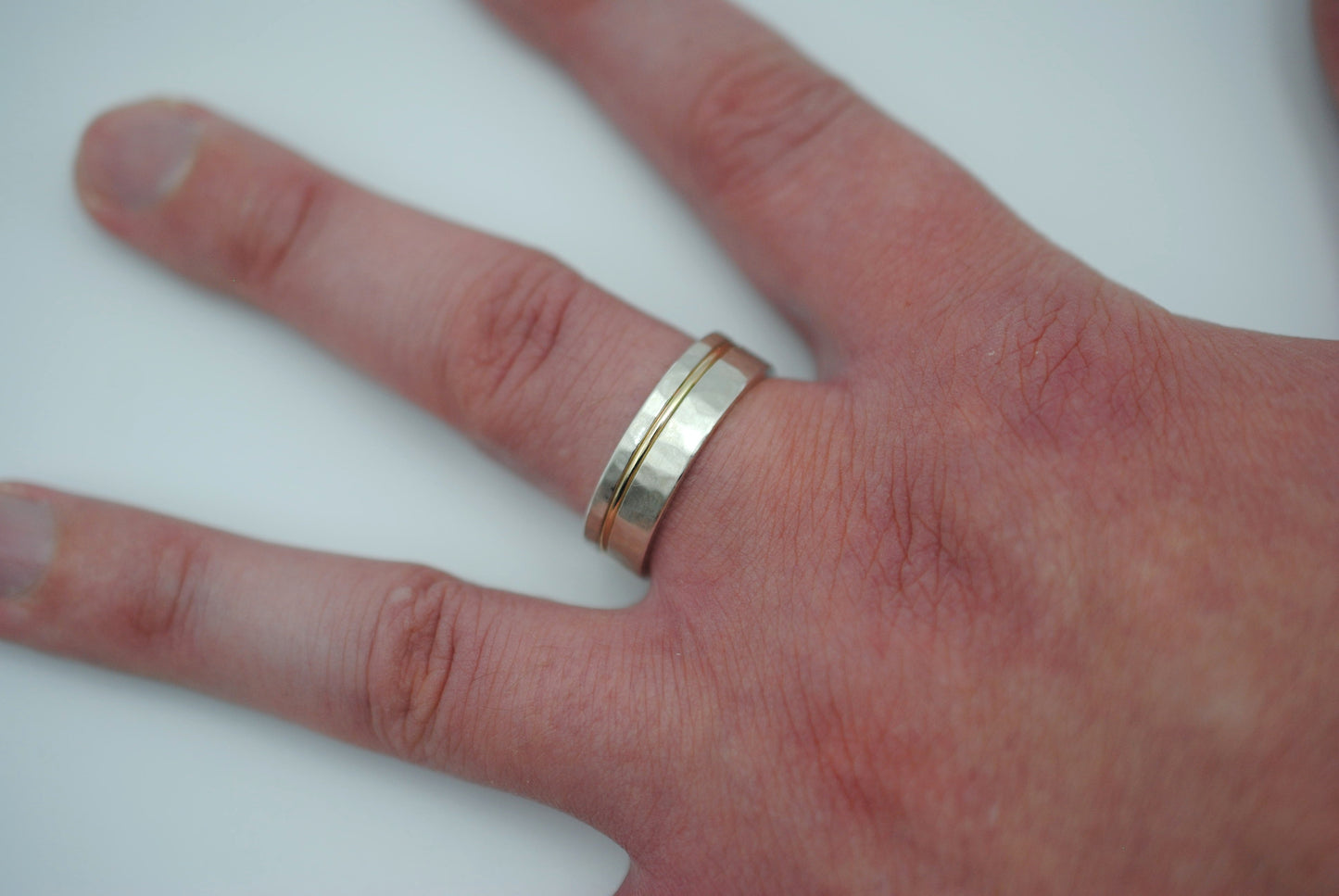 Ring Band: Gold Inlay, Silver, Hammered and Brushed Textured