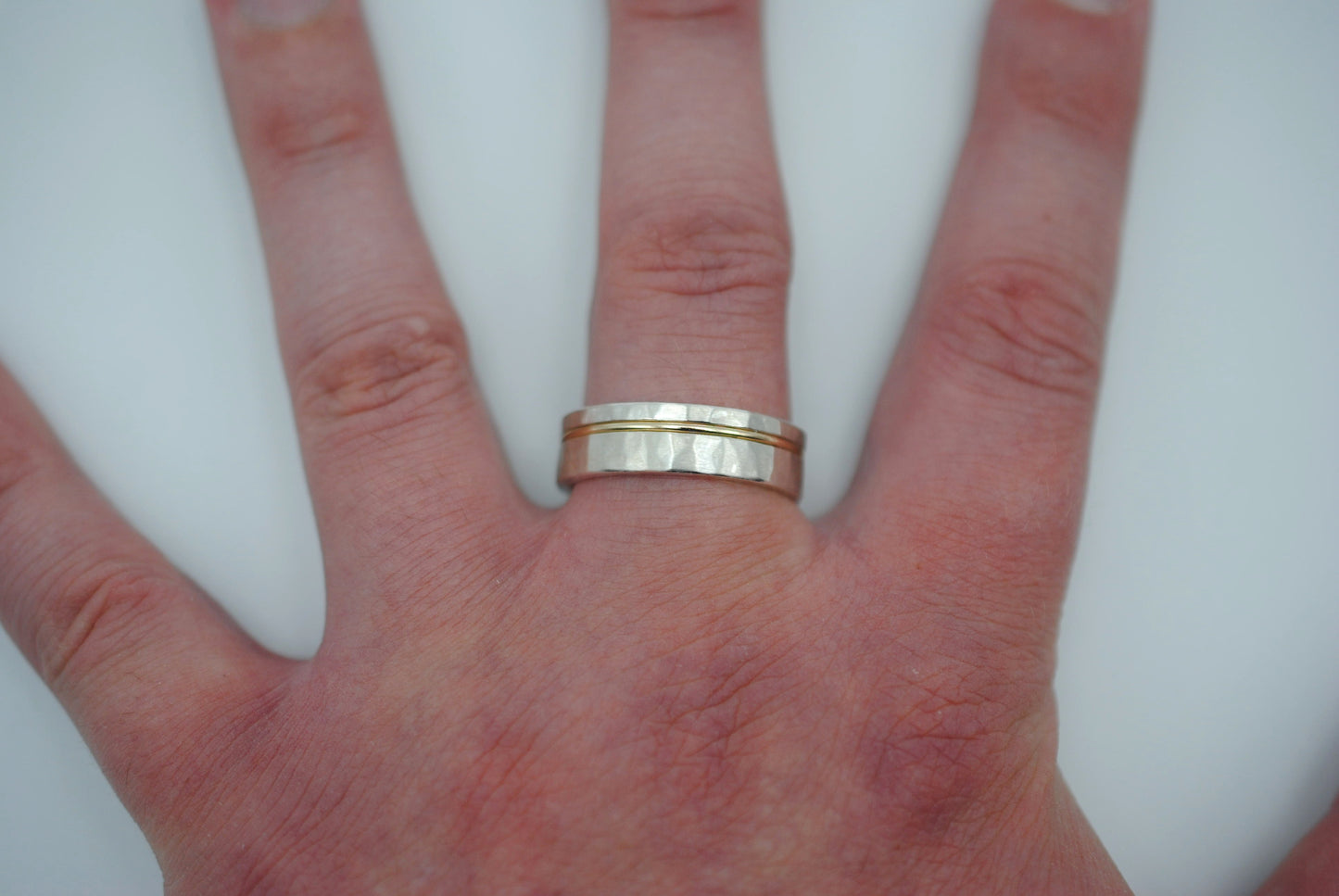 Ring Band: Gold Inlay, Silver, Hammered and Brushed Textured
