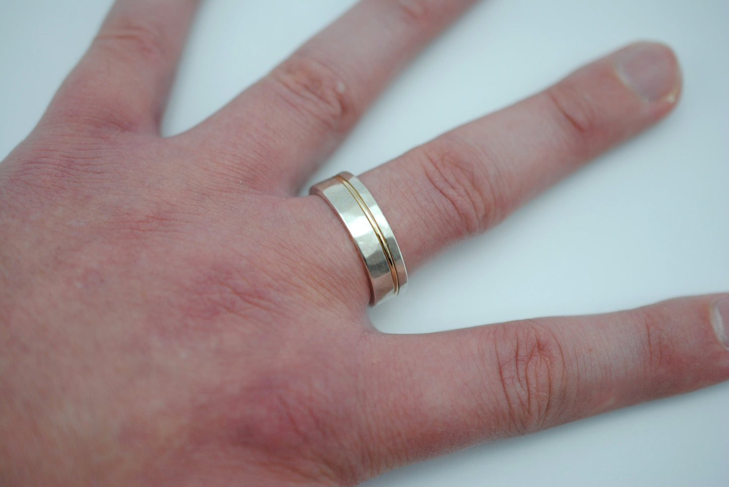 Ring Band: Gold Inlay, Silver, Hammered and Brushed Textured