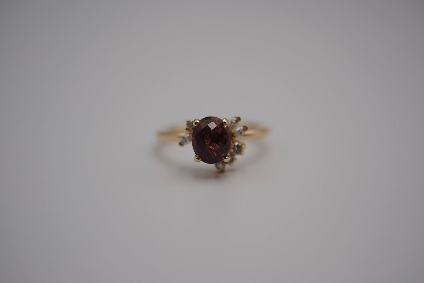 Ruby Ring: Oval Cut, Diamond Cluster, 14K Yellow Gold
