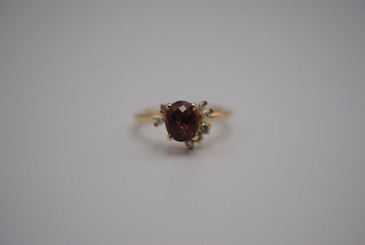 Ruby Ring: Oval Cut, Diamond Cluster, 14K Yellow Gold
