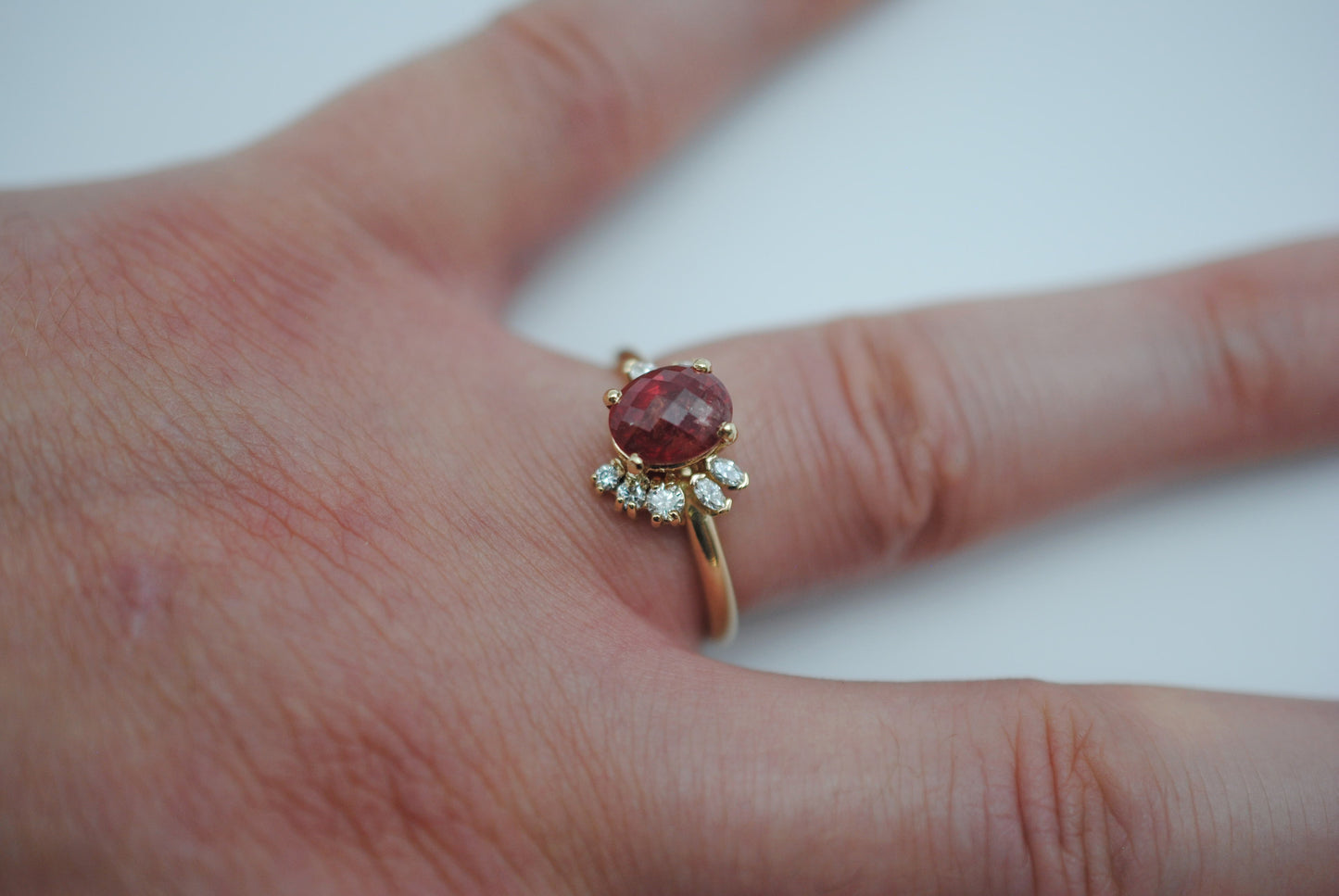 Ruby Ring: Oval Cut, Diamond Cluster, 14K Yellow Gold