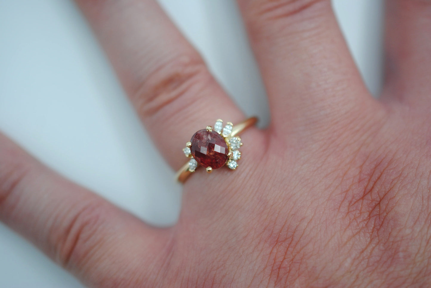 Ruby Ring: Oval Cut, Diamond Cluster, 14K Yellow Gold