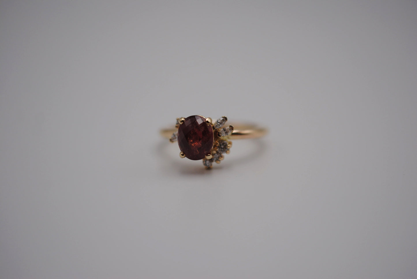 Ruby Ring: Oval Cut, Diamond Cluster, 14K Yellow Gold