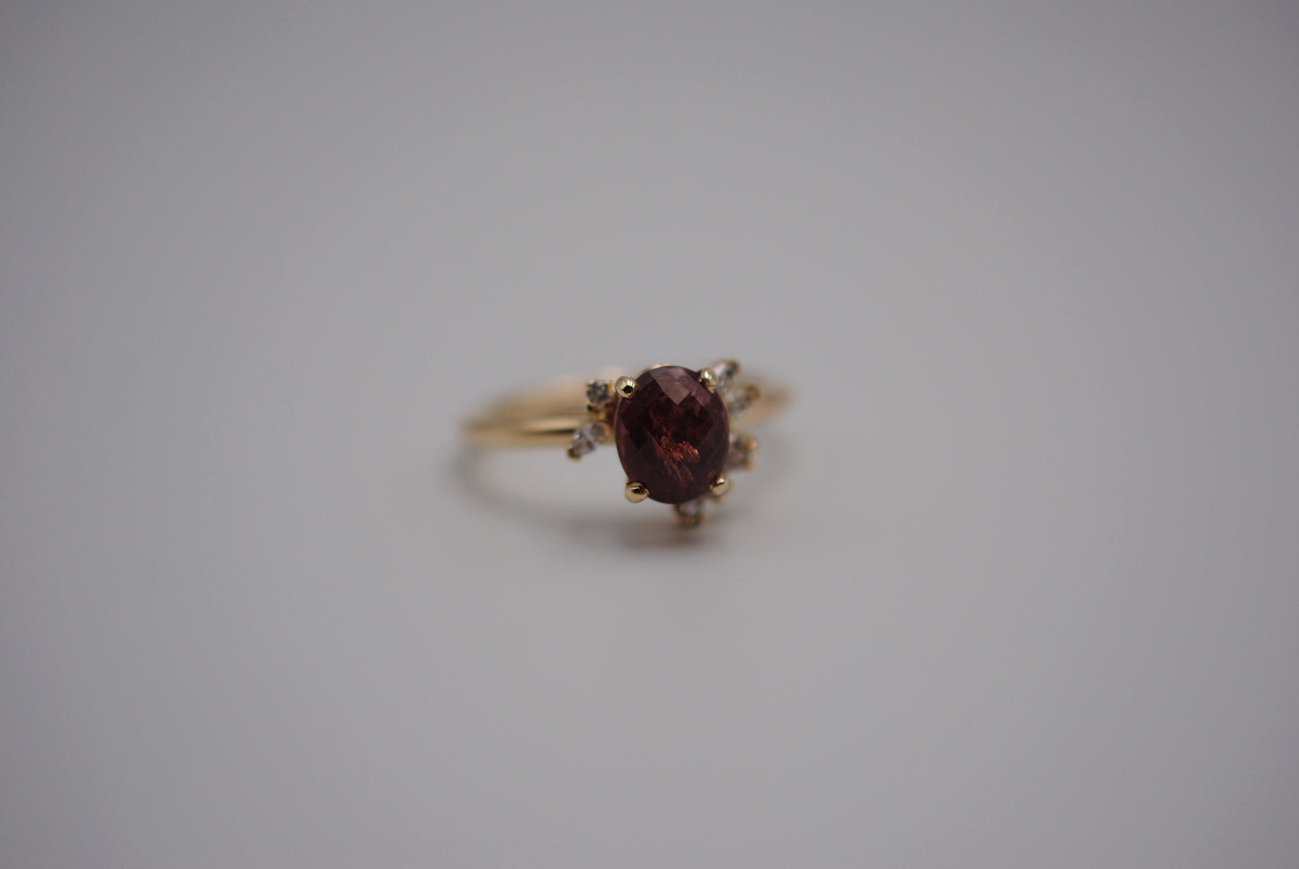 Ruby Ring: Oval Cut, Diamond Cluster, 14K Yellow Gold