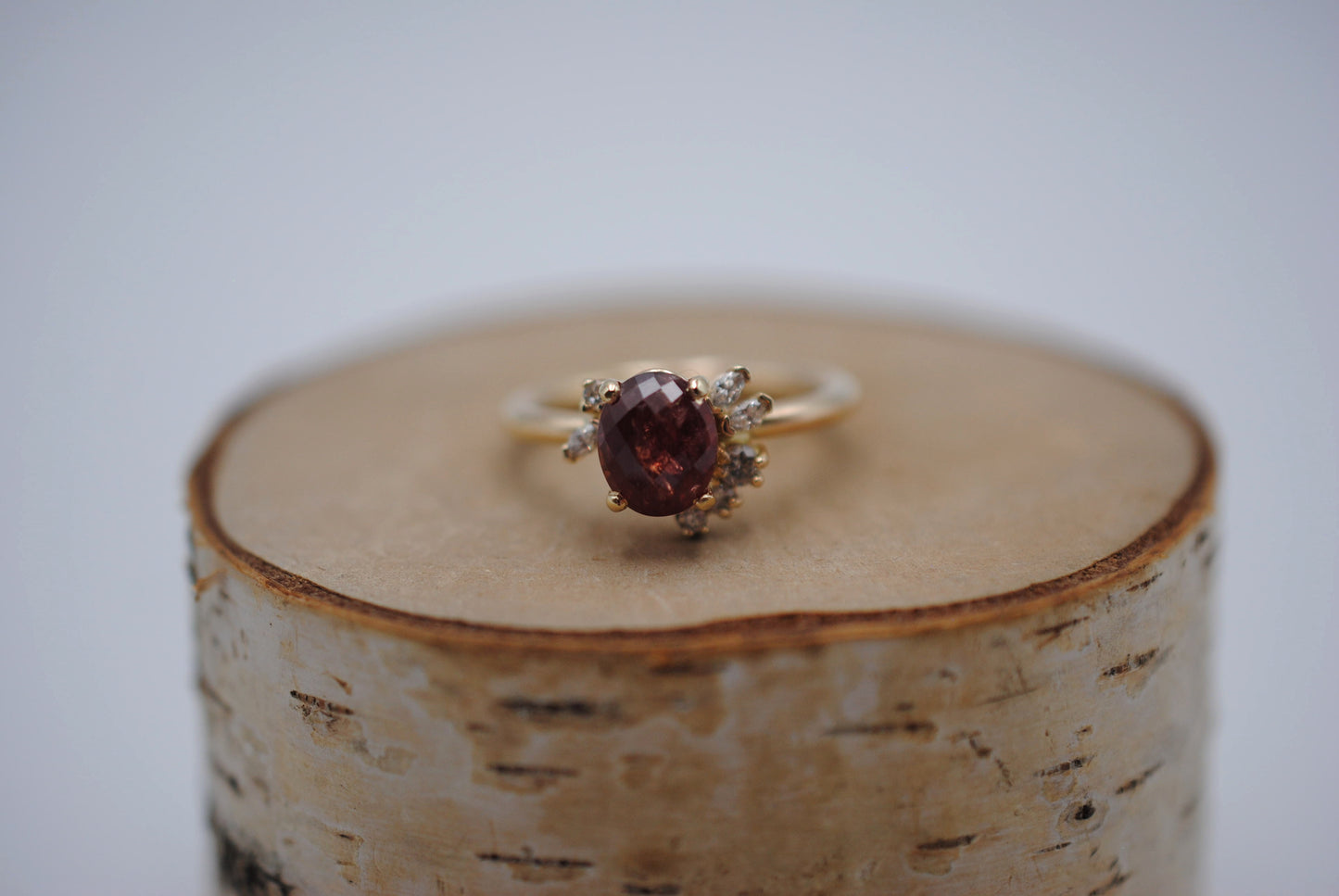 Ruby Ring: Oval Cut, Diamond Cluster, 14K Yellow Gold