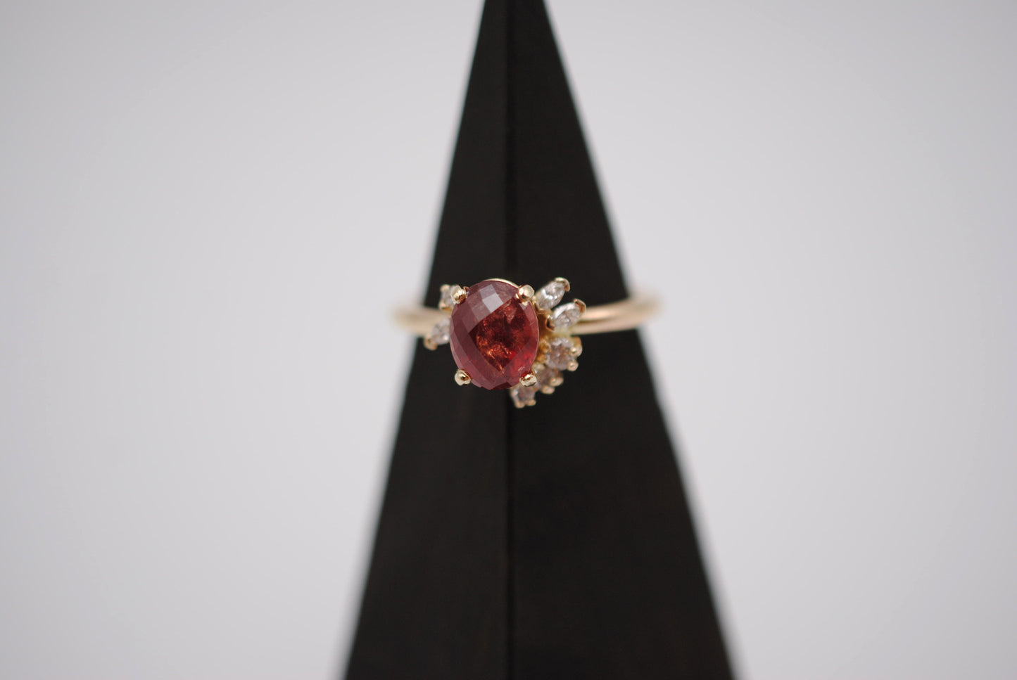 Ruby Ring: Oval Cut, Diamond Cluster, 14K Yellow Gold