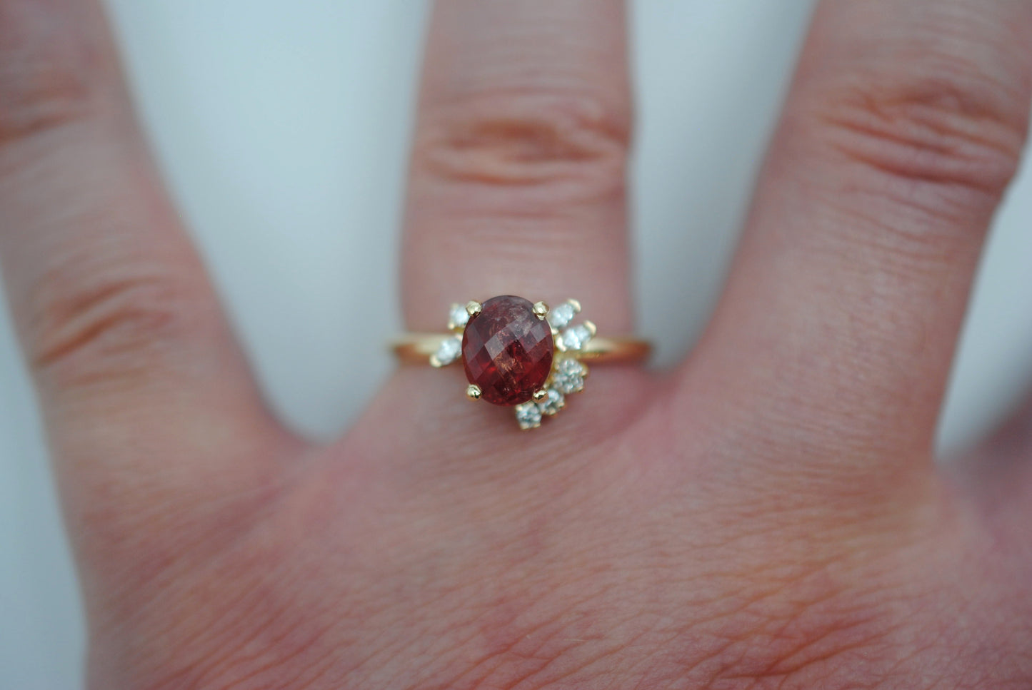 Ruby Ring: Oval Cut, Diamond Cluster, 14K Yellow Gold