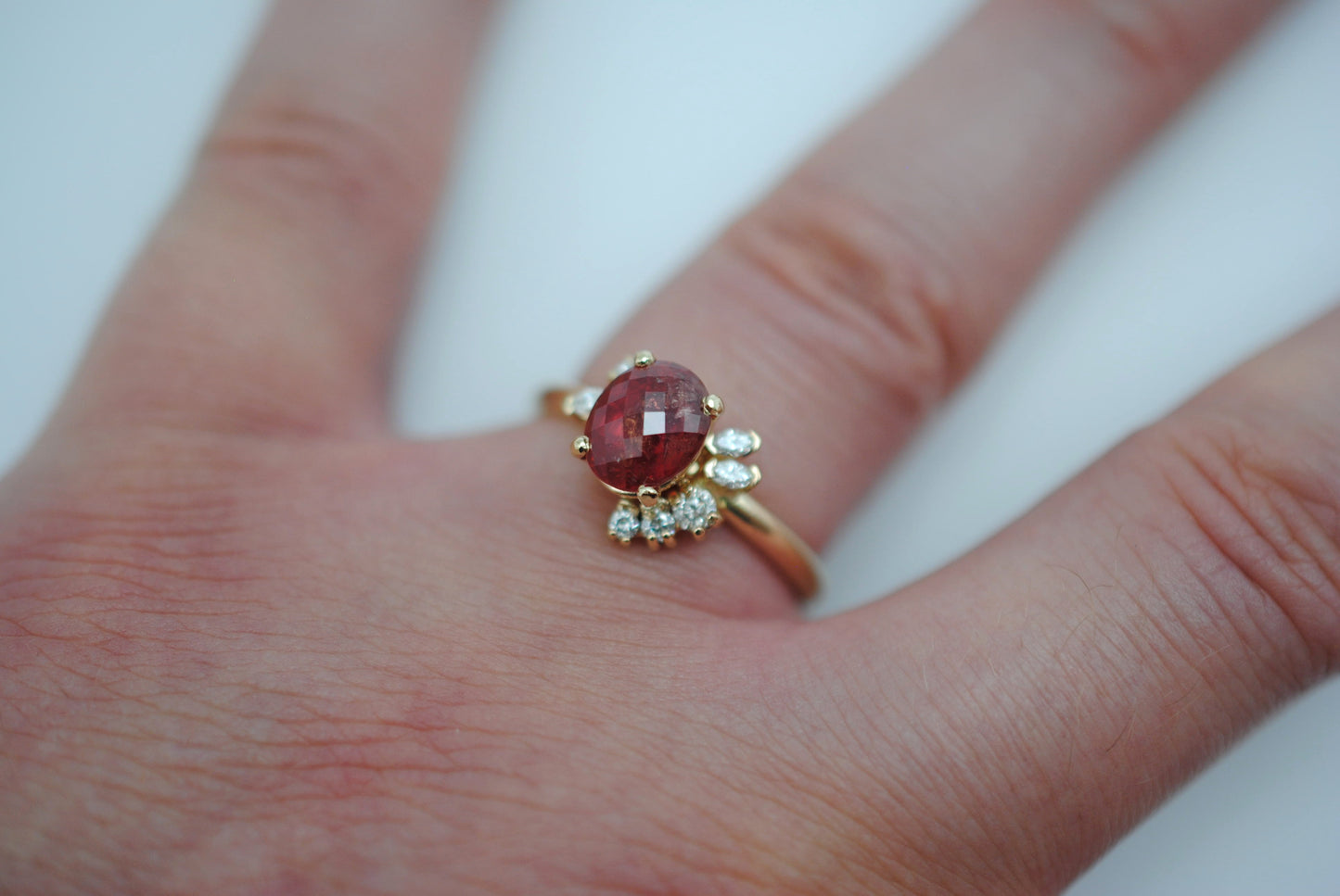 Ruby Ring: Oval Cut, Diamond Cluster, 14K Yellow Gold