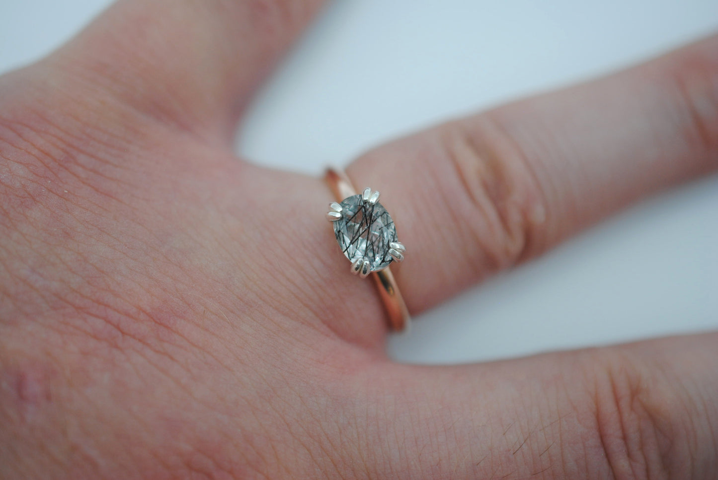 Rutilated Quartz Ring : Oval Cut, Yellow Gold Fill Band, East-West Silver Setting