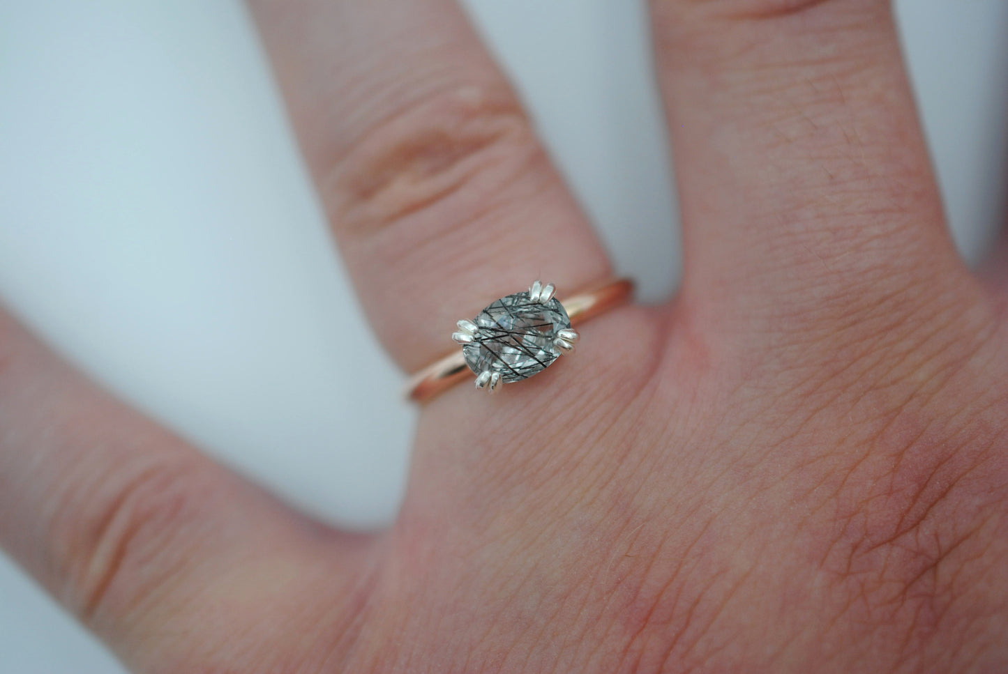 Rutilated Quartz Ring : Oval Cut, Yellow Gold Fill Band, East-West Silver Setting