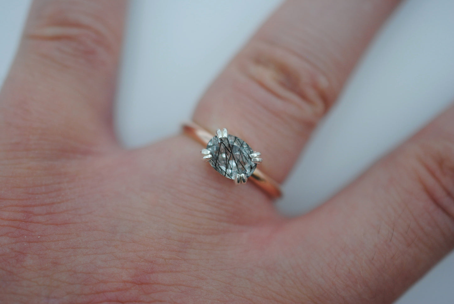 Rutilated Quartz Ring : Oval Cut, Yellow Gold Fill Band, East-West Silver Setting