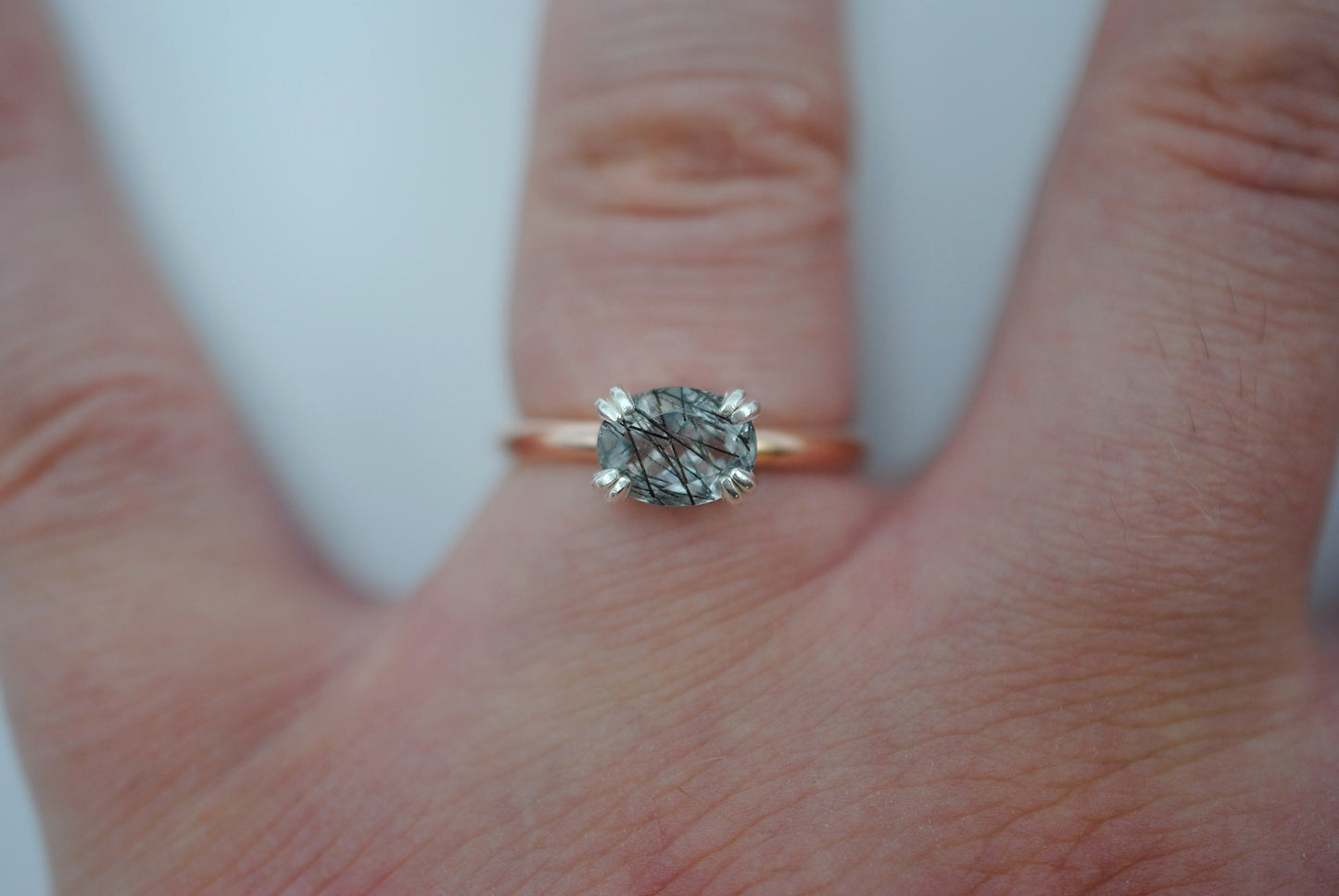 Rutilated Quartz Ring : Oval Cut, Yellow Gold Fill Band, East-West Silver Setting