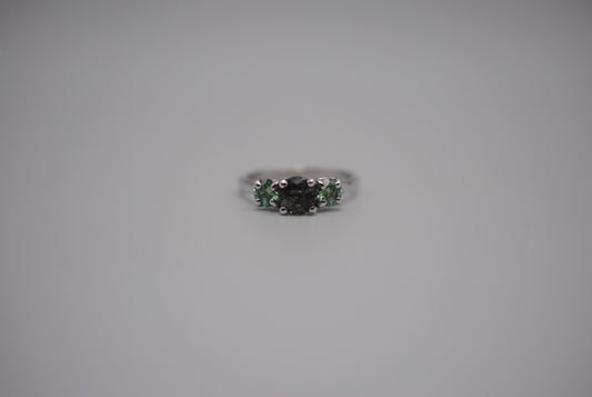 Rutilated Quartz Ring: Round Cut, Teal Moissanite Sidestones, Rhodium Finished