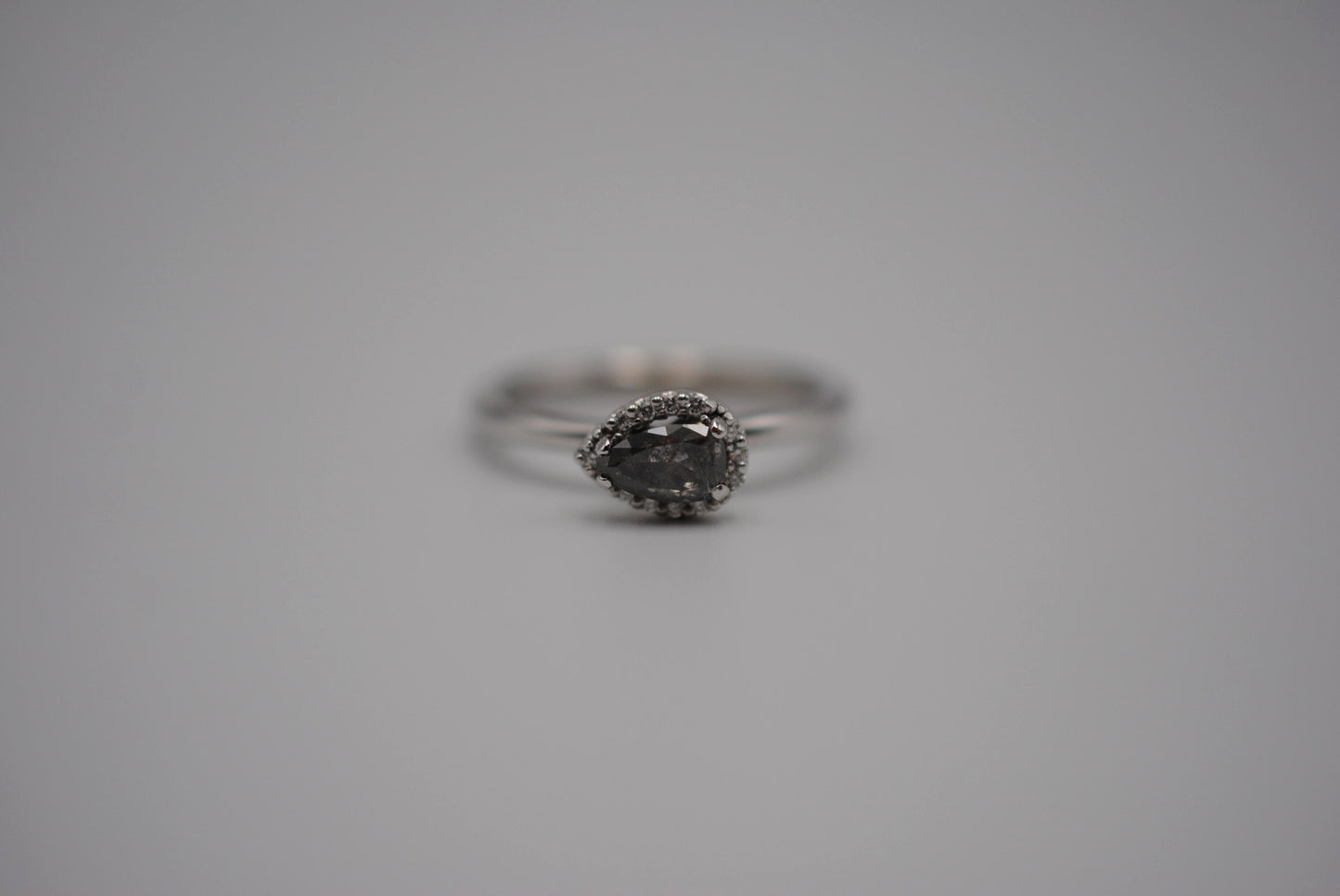 Salt and Pepper Ring: Pear Cut, Diamond Halo, White Gold