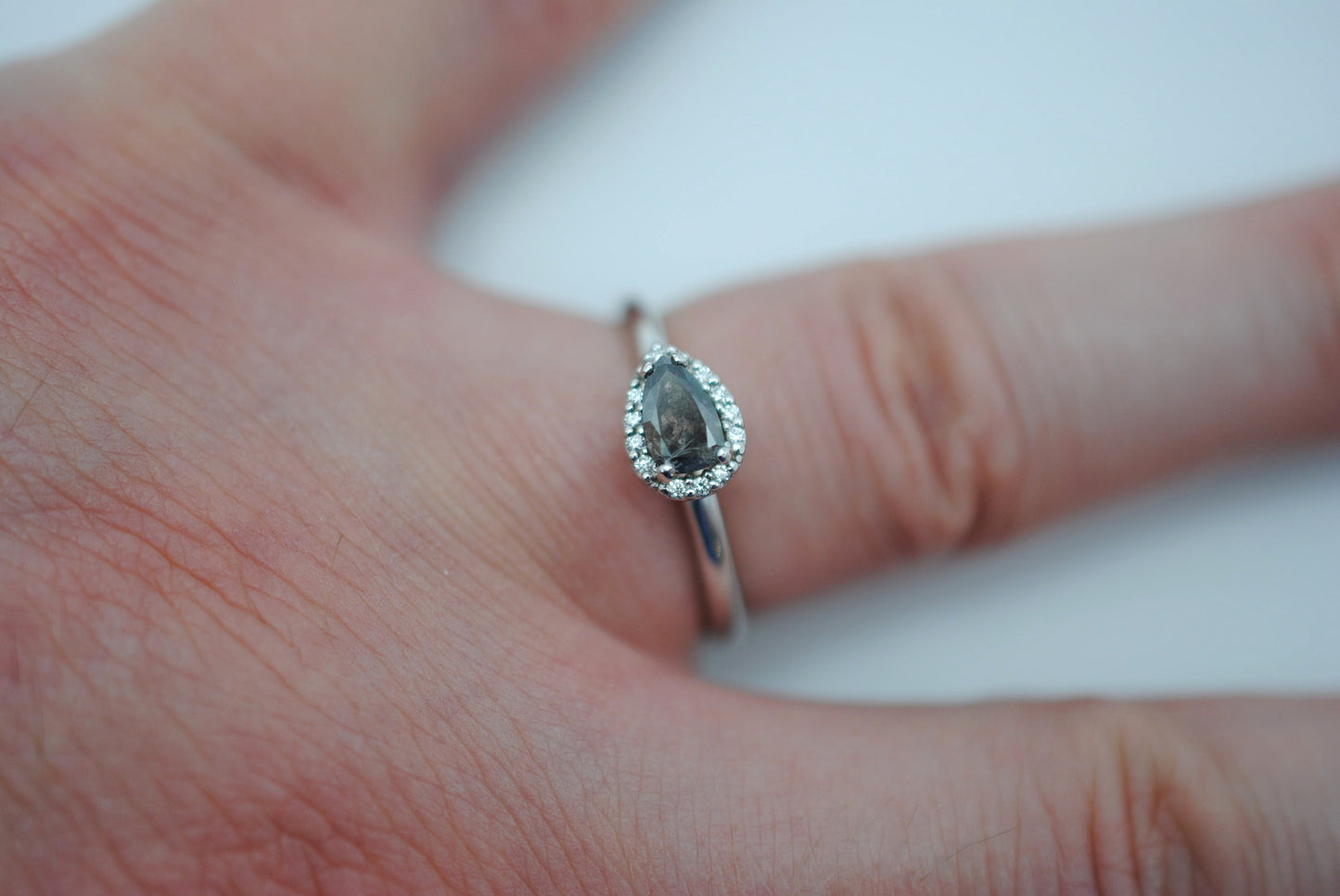 Salt and Pepper Ring: Pear Cut, Diamond Halo, White Gold