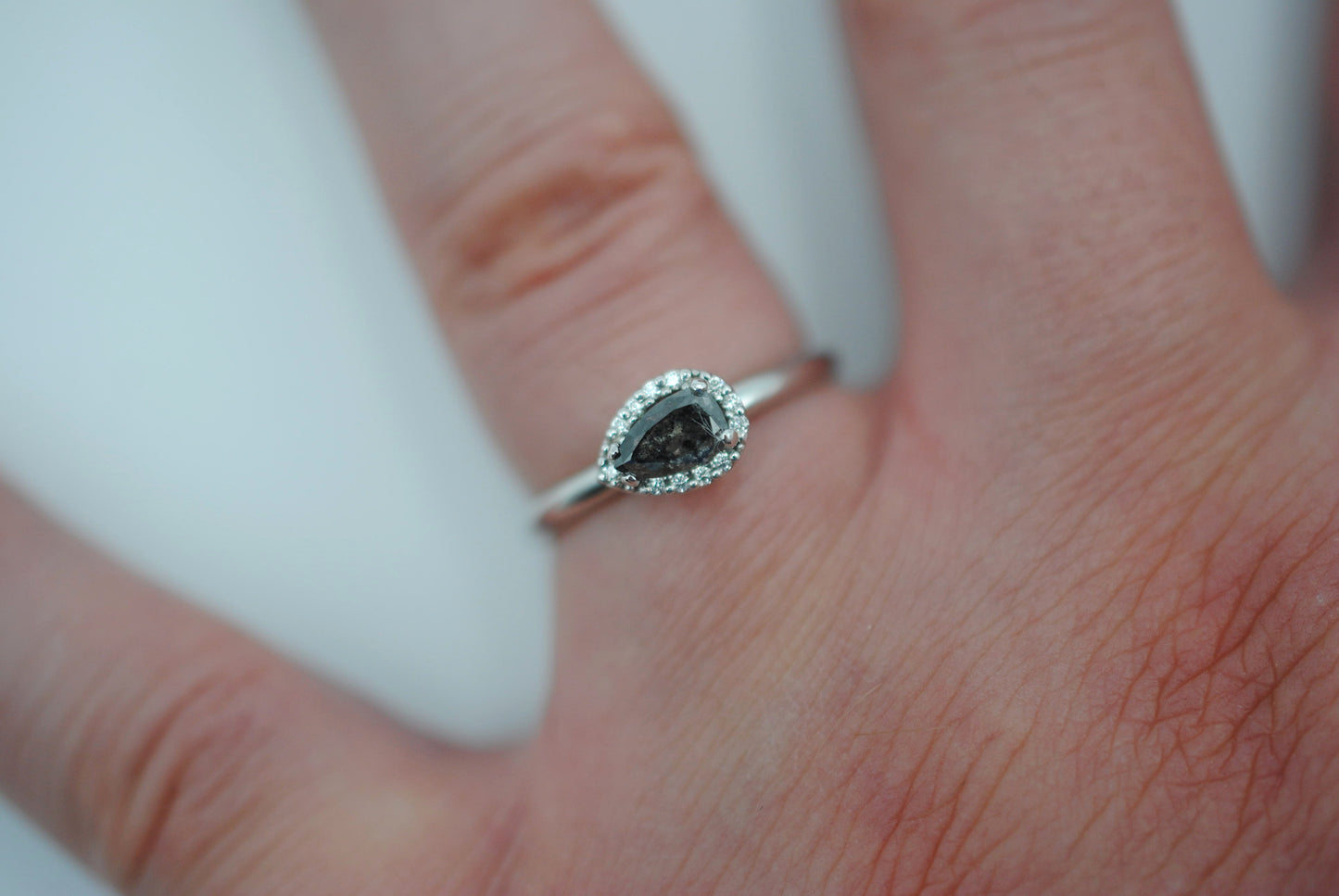 Salt and Pepper Ring: Pear Cut, Diamond Halo, White Gold
