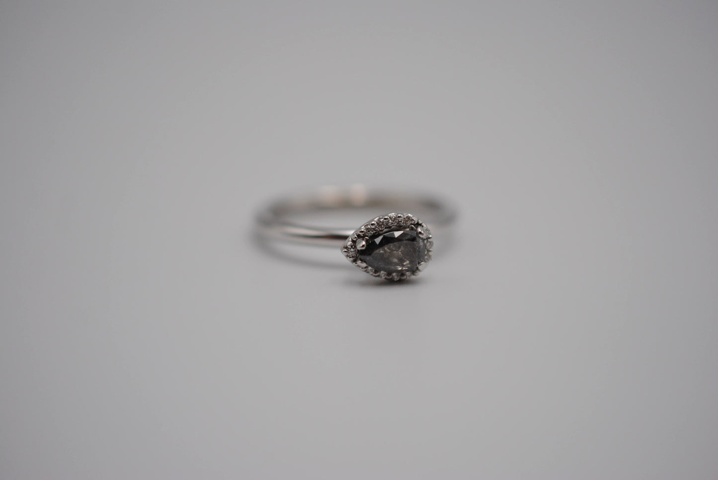 Salt and Pepper Ring: Pear Cut, Diamond Halo, White Gold
