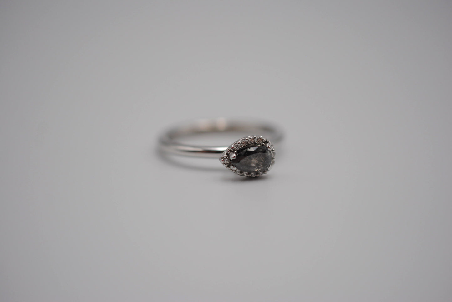 Salt and Pepper Ring: Pear Cut, Diamond Halo, White Gold