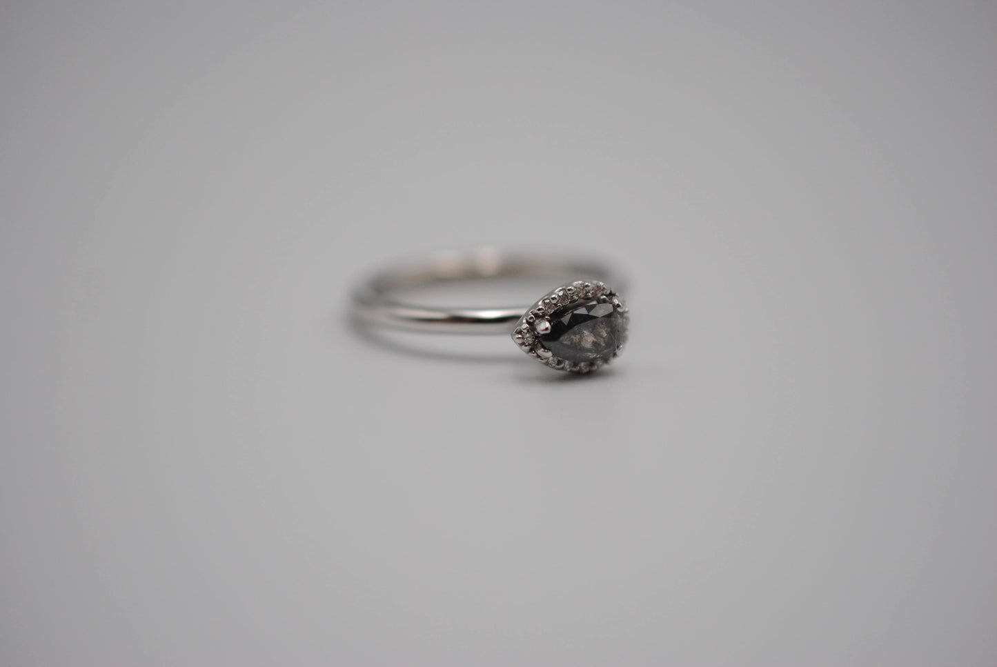 Salt and Pepper Ring: Pear Cut, Diamond Halo, White Gold
