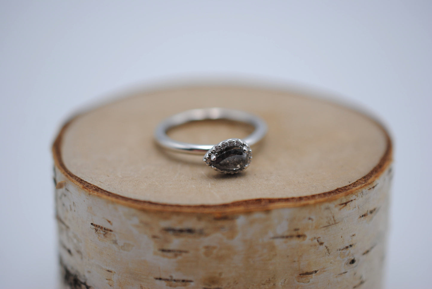 Salt and Pepper Ring: Pear Cut, Diamond Halo, White Gold