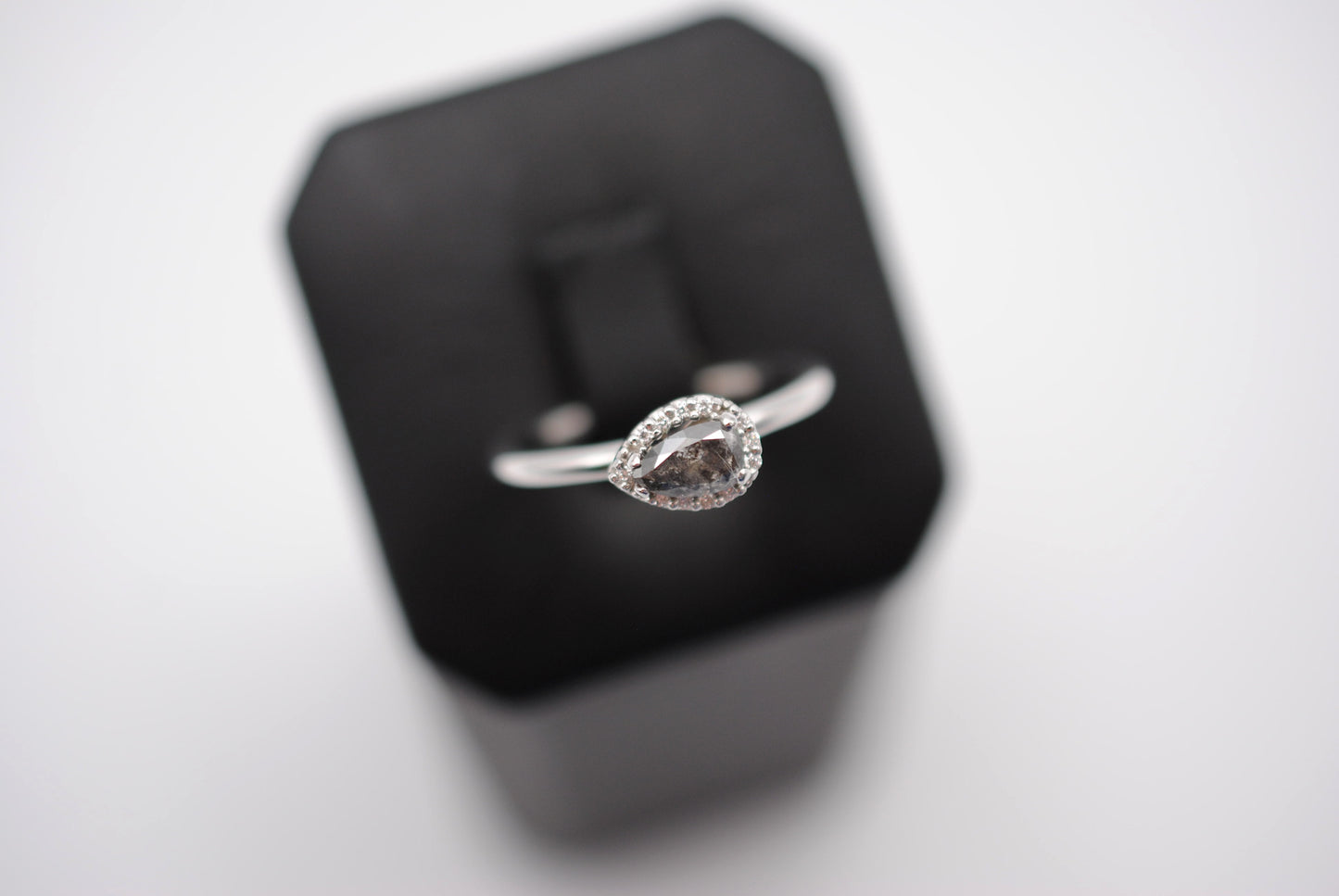 Salt and Pepper Ring: Pear Cut, Diamond Halo, White Gold