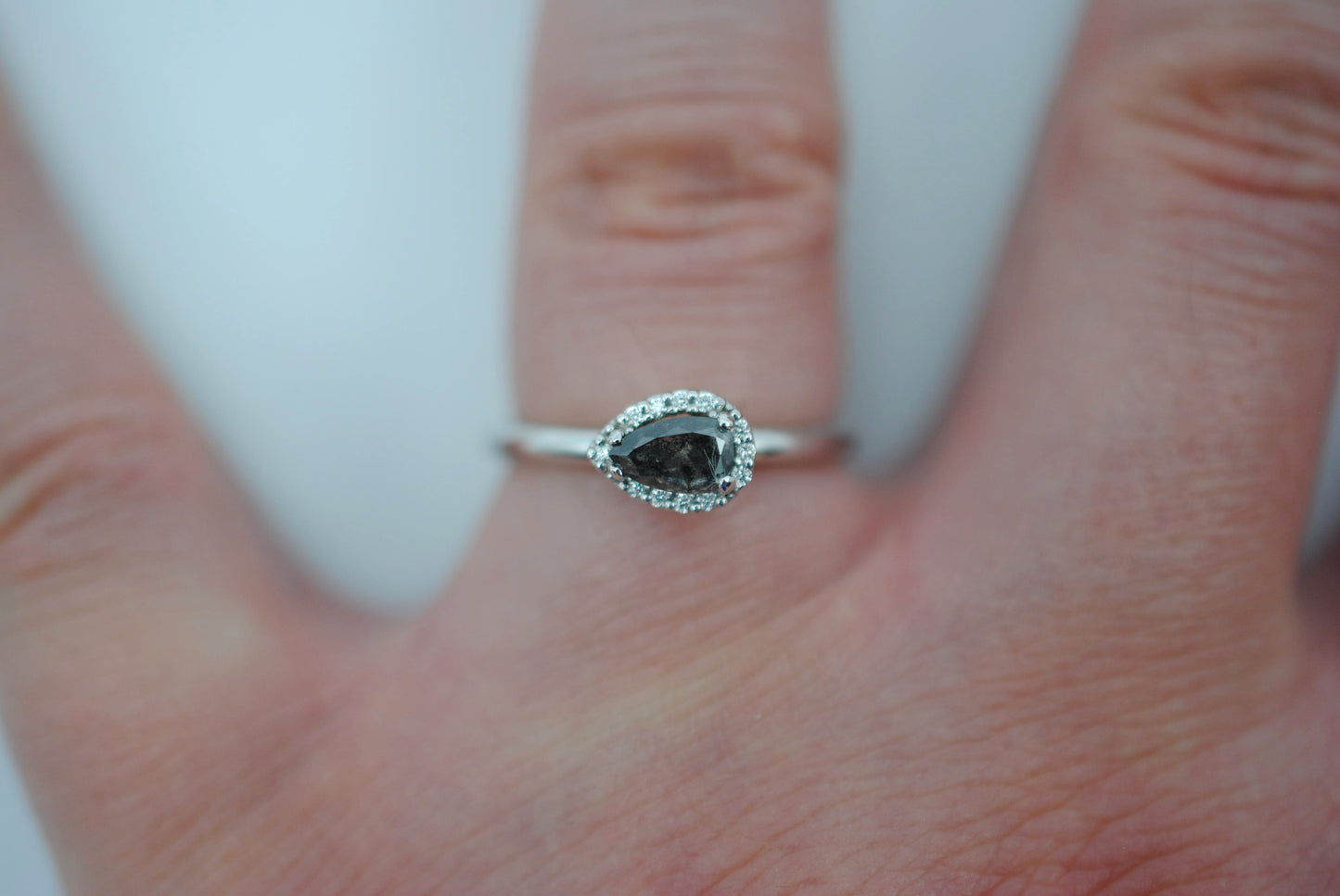 Salt and Pepper Ring: Pear Cut, Diamond Halo, White Gold