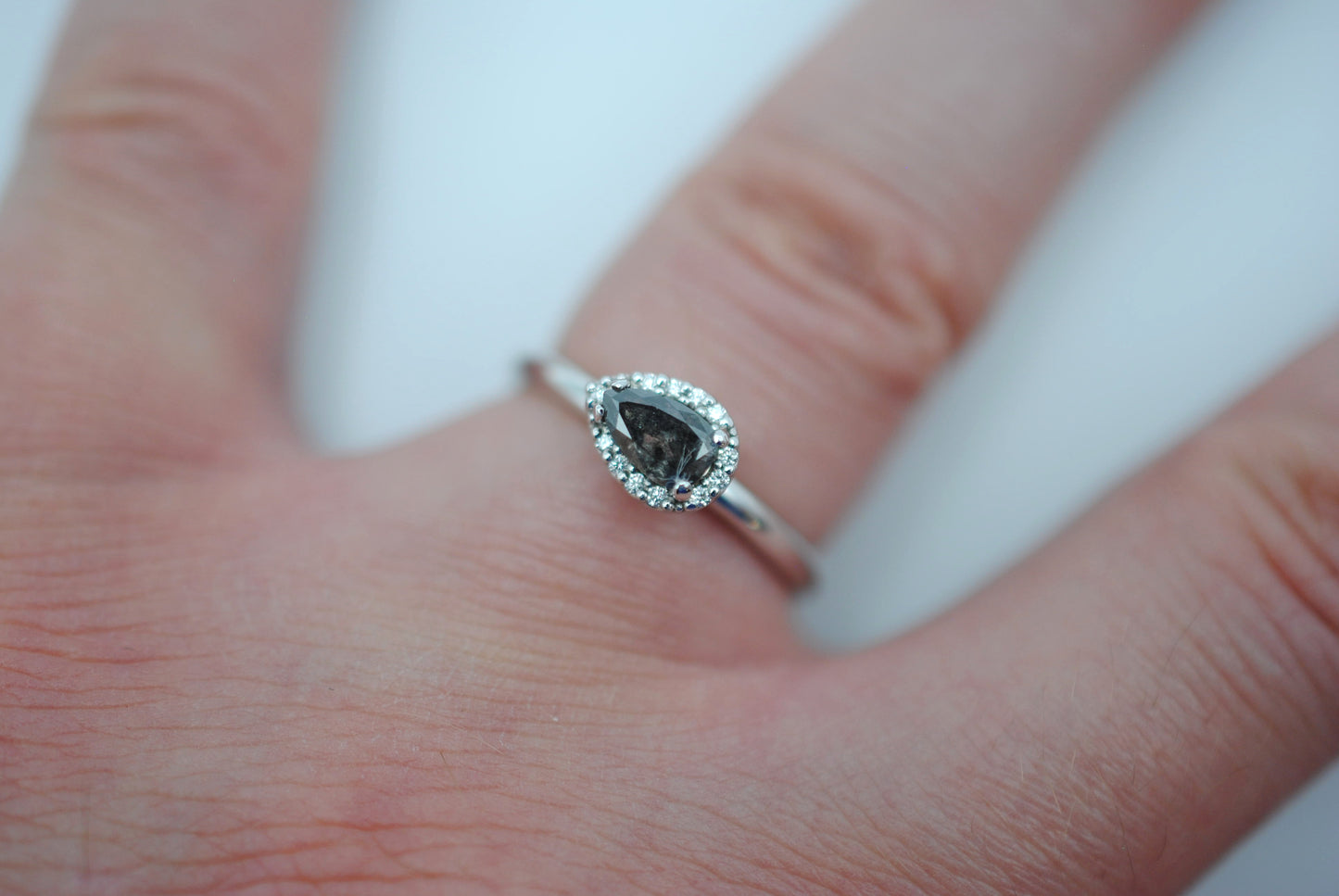 Salt and Pepper Ring: Pear Cut, Diamond Halo, White Gold