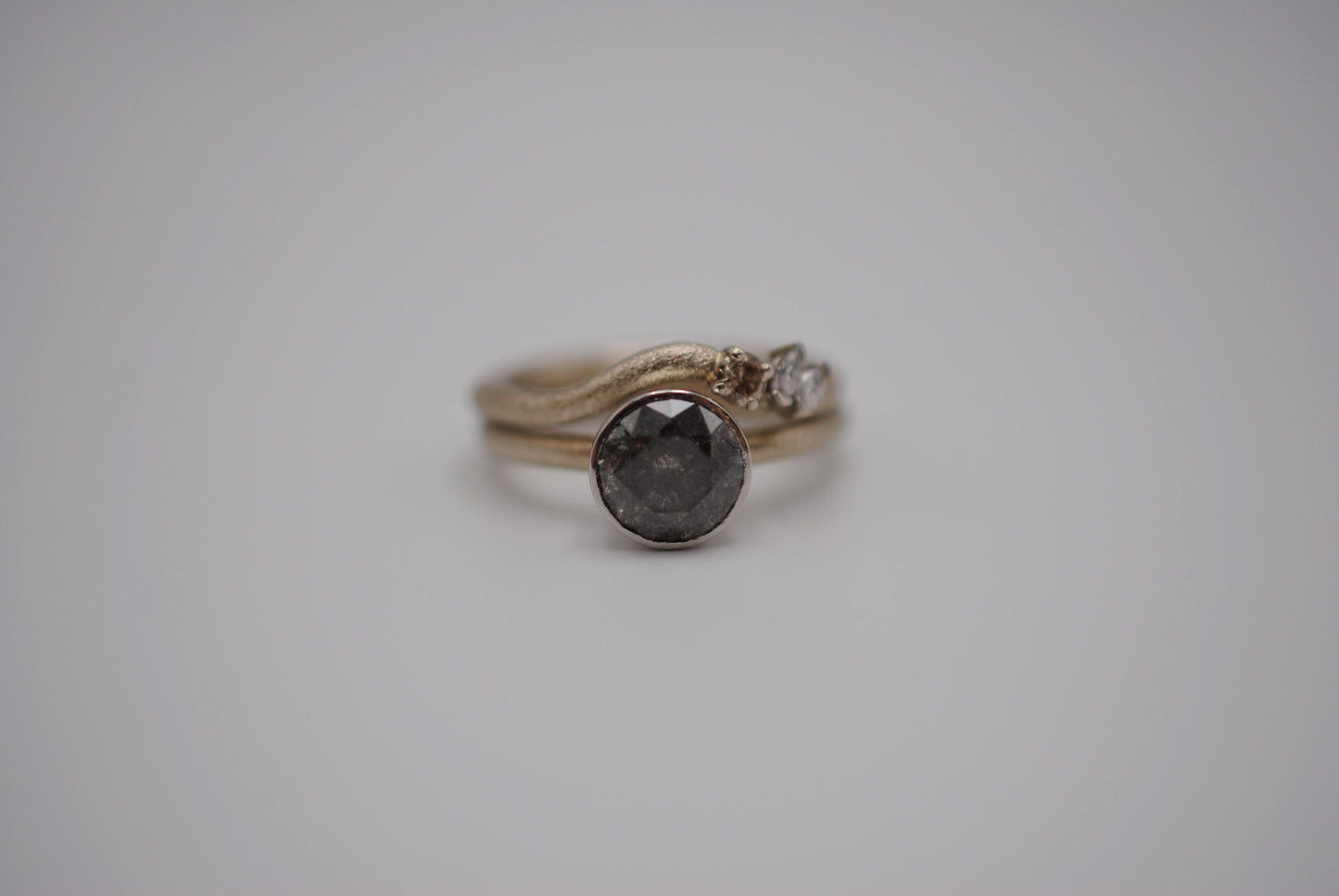 Salt and Pepper Ring: Round Cut, Stardust Palladium White Gold Band, Platinum Bezel Setting with Wedding Band