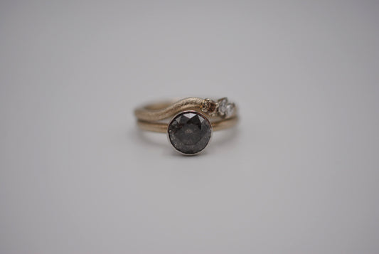 Salt and Pepper Ring: Round Cut, Stardust Palladium White Gold Band, Platinum Bezel Setting with Wedding Band
