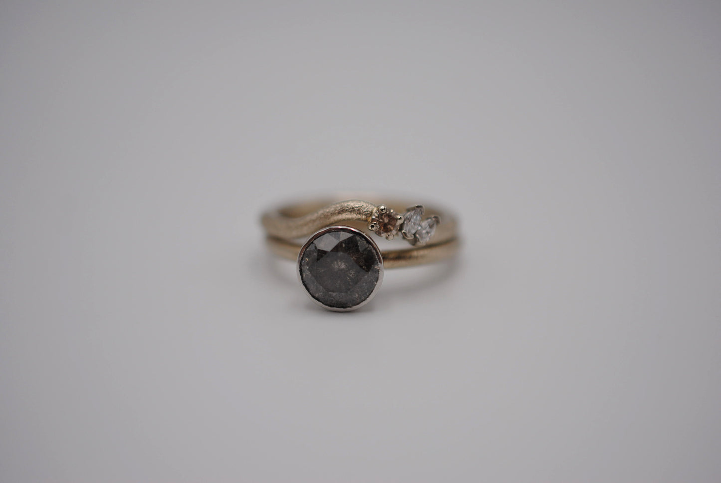 Salt and Pepper Ring: Round Cut, Stardust Palladium White Gold Band, Platinum Bezel Setting with Wedding Band