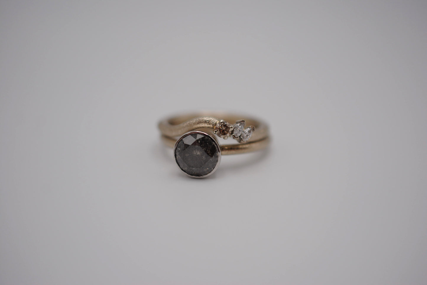 Salt and Pepper Ring: Round Cut, Stardust Palladium White Gold Band, Platinum Bezel Setting with Wedding Band