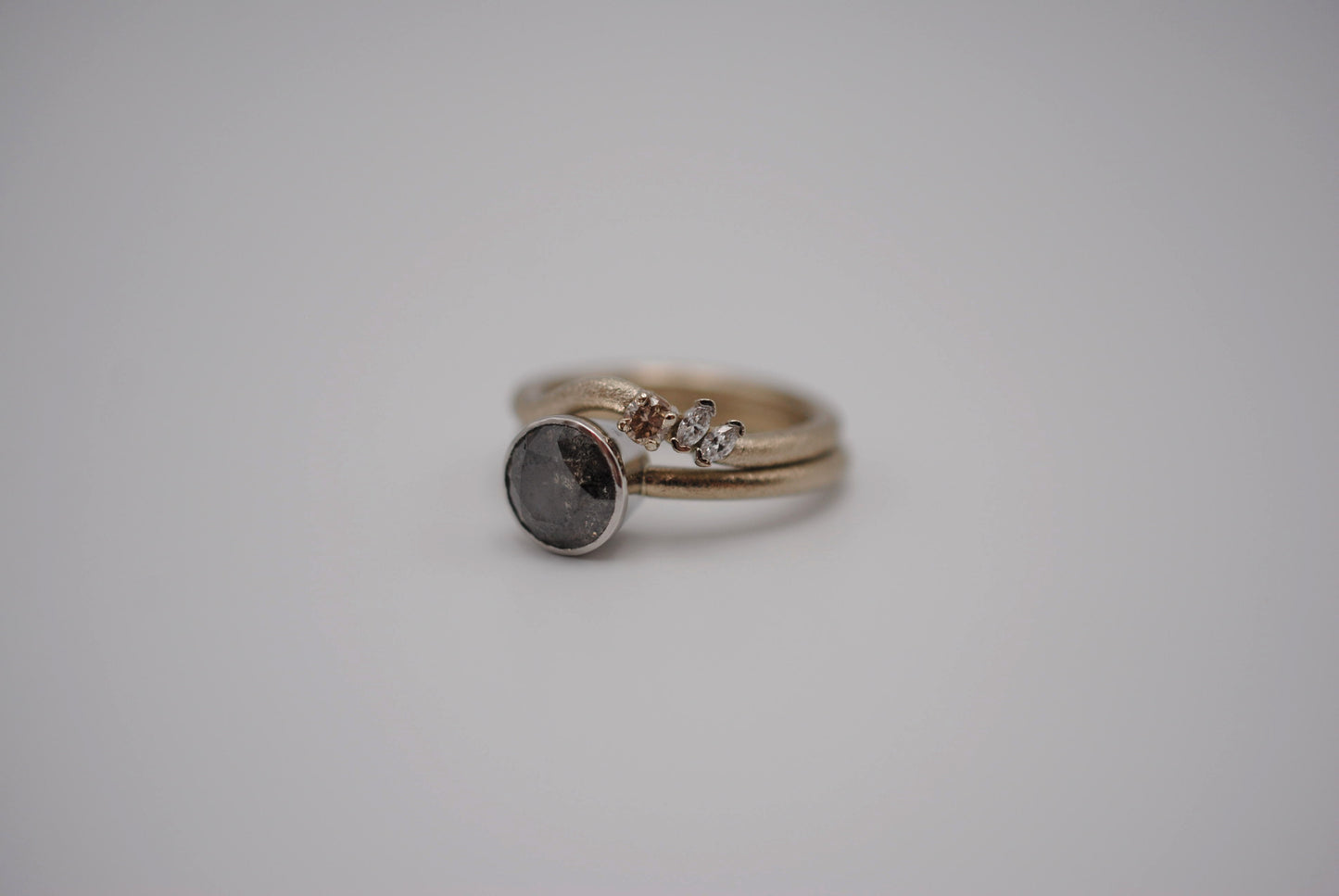 Salt and Pepper Ring: Round Cut, Stardust Palladium White Gold Band, Platinum Bezel Setting with Wedding Band